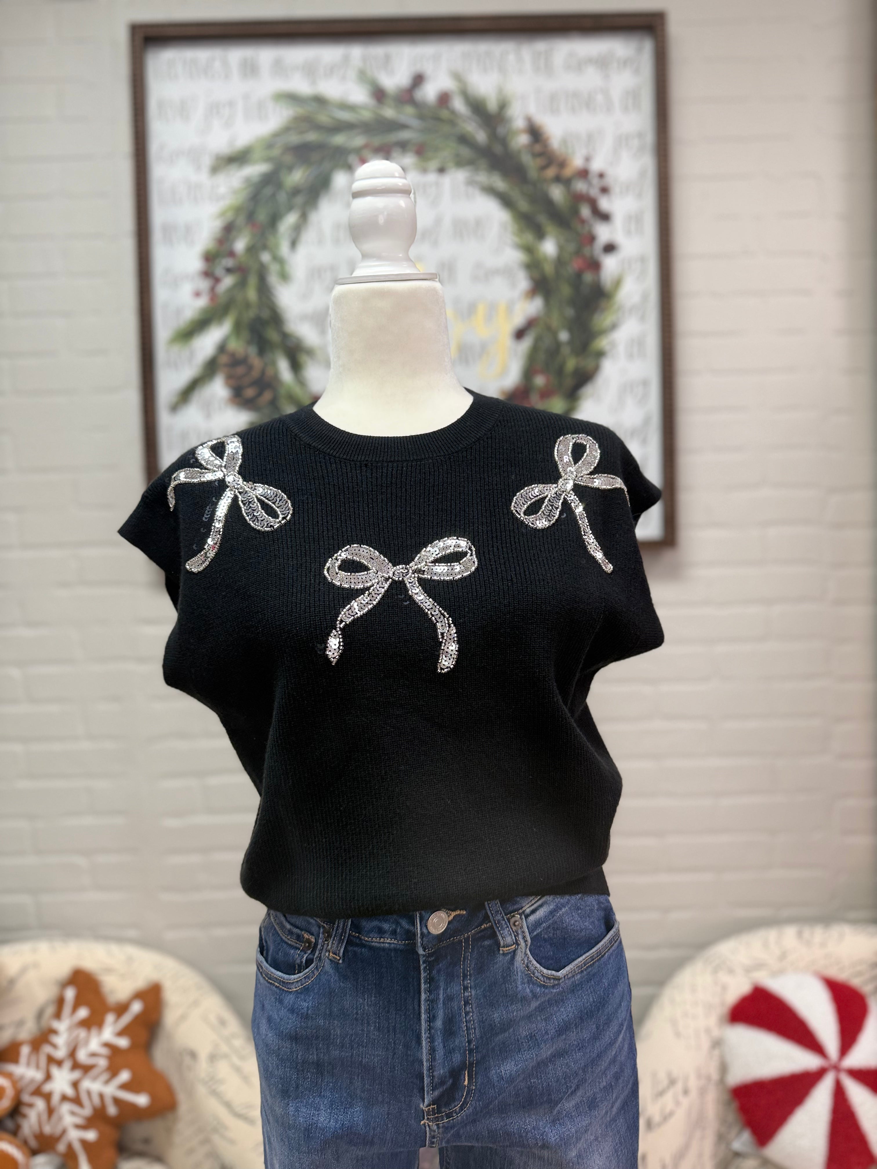 Black Sequin Bow Sweater Vest