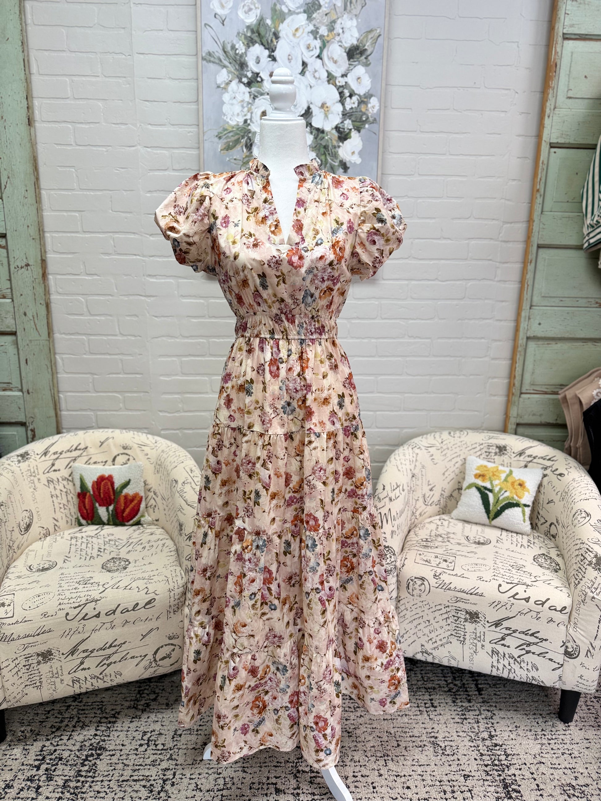 Ecru Floral Midi Dress