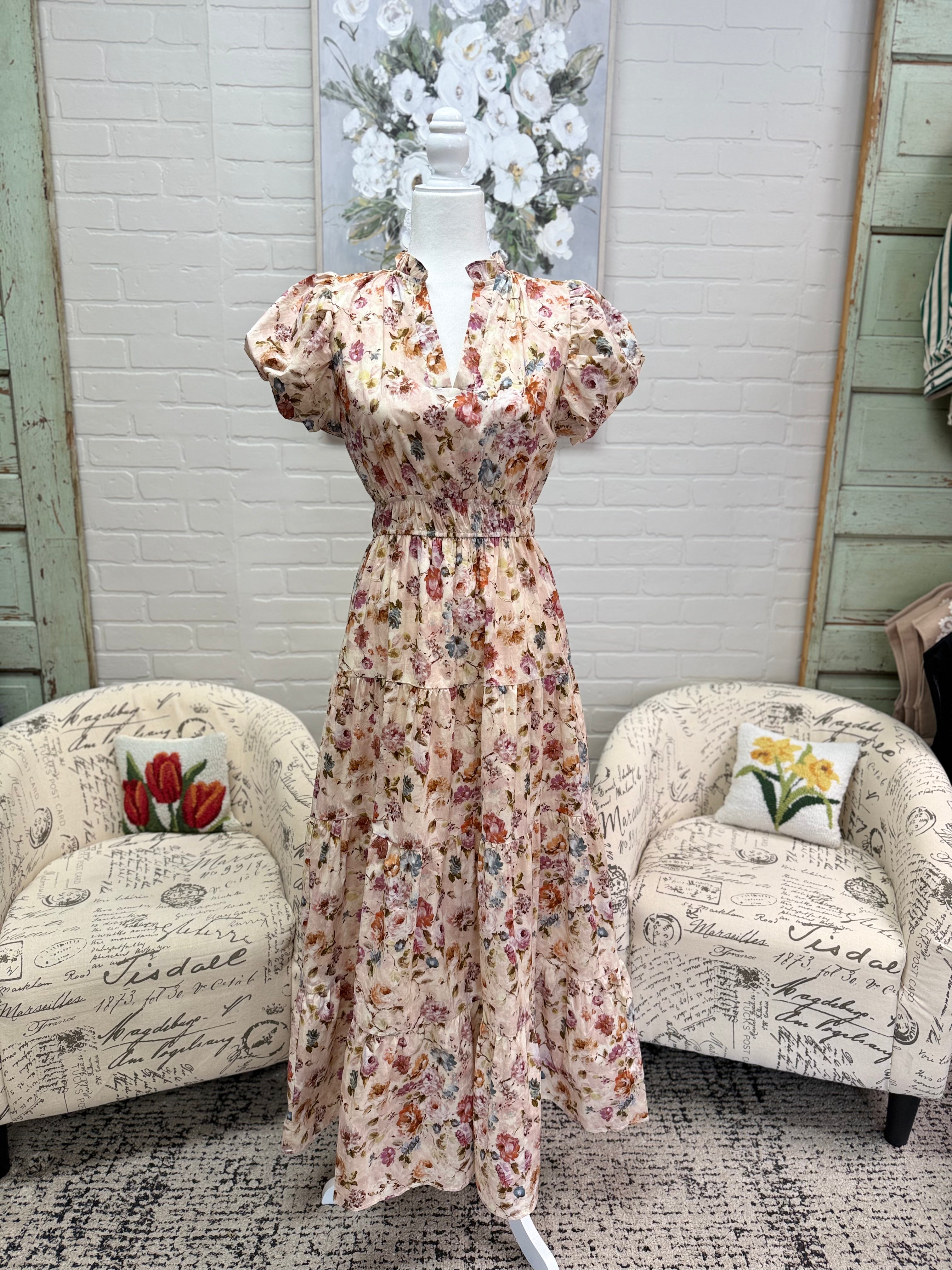 Ecru Floral Midi Dress