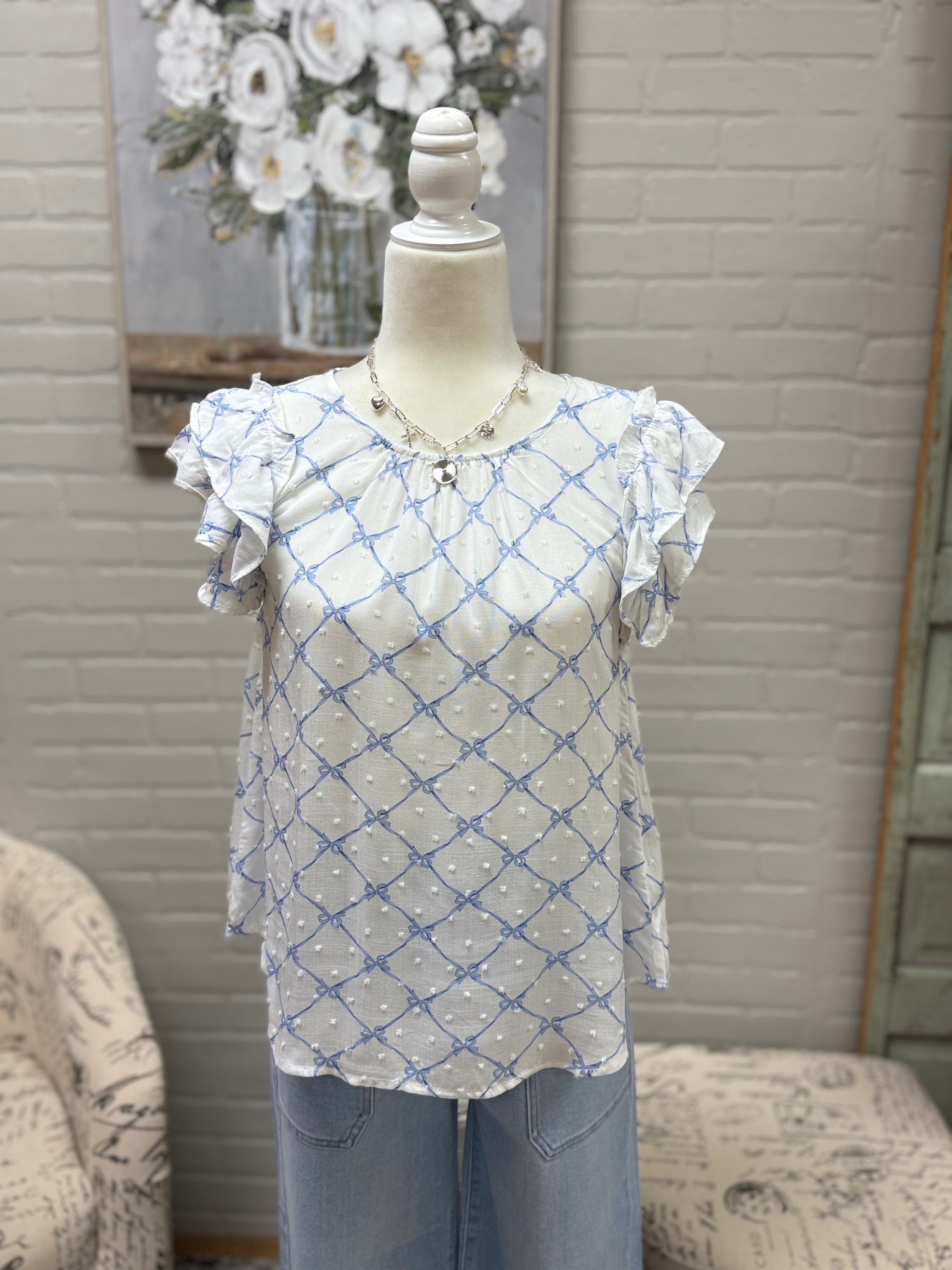 Blue Bow Ruffle Sleeve Blouse