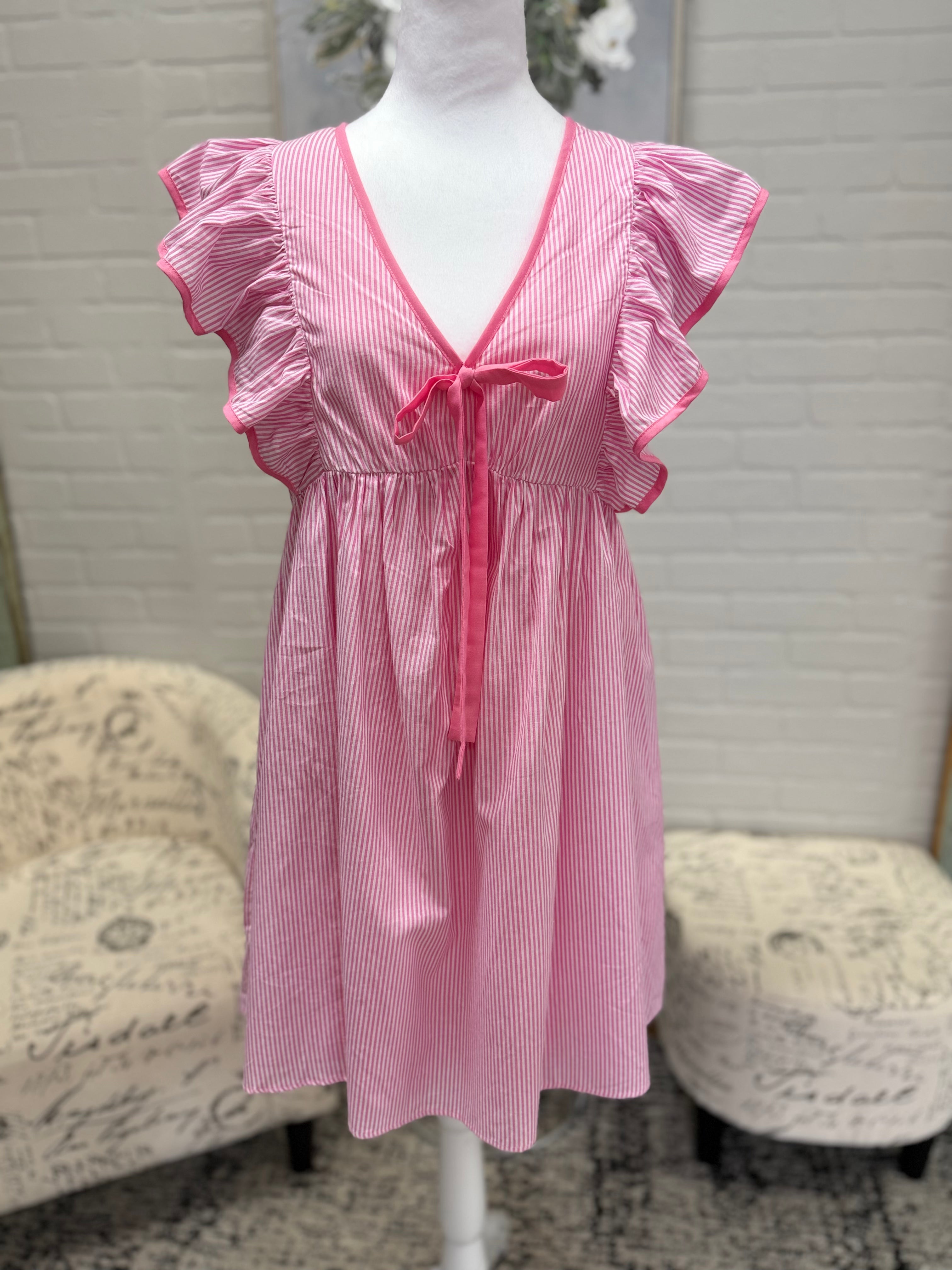Pink Pinstripe Flutter Sleeve Dress