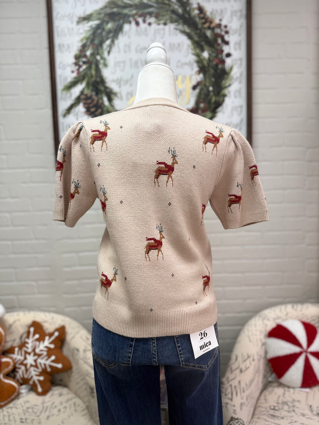 Taupe Reindeer Puff Sleeve Sweater