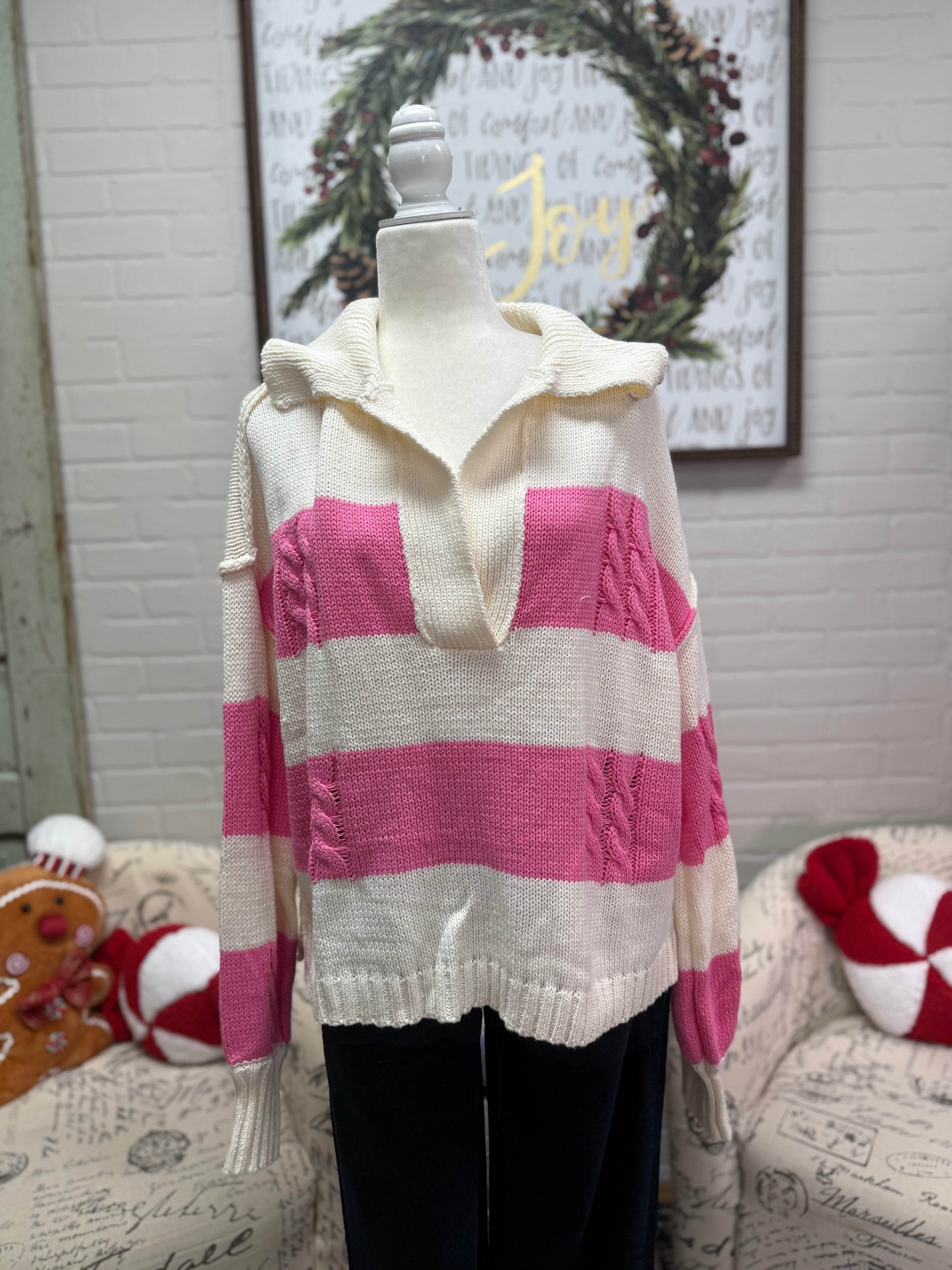 Pink and Cream Wide Striped Sweater