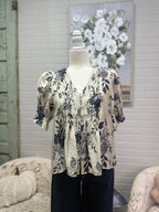 Navy Floral Pintuck Top