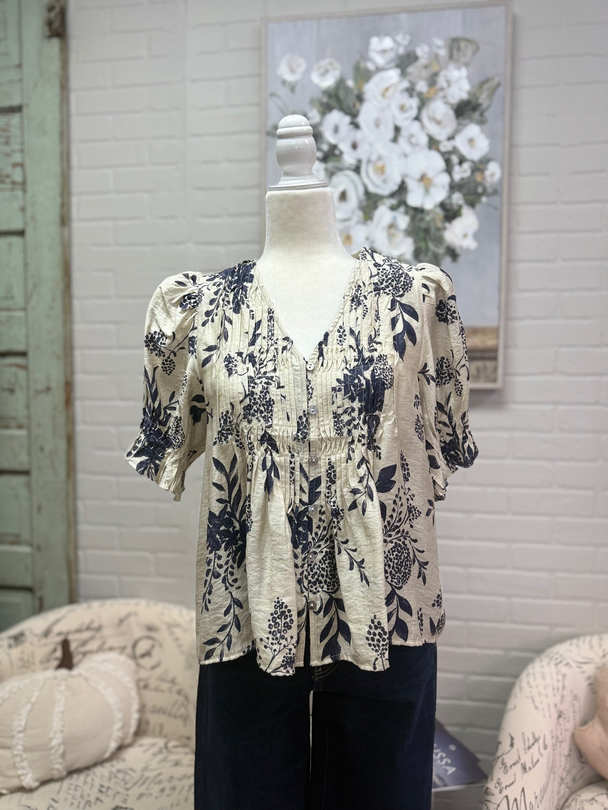 Navy Floral Pintuck Top