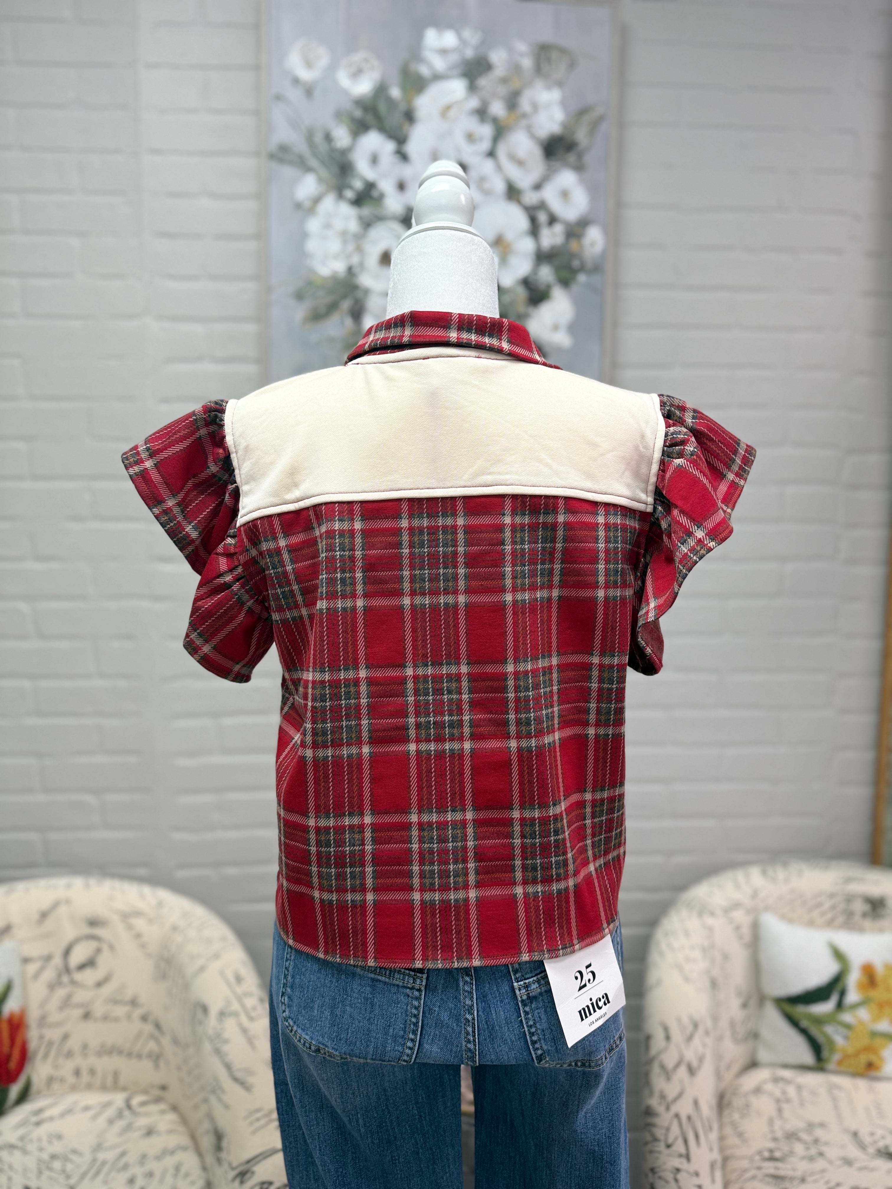 Red Plaid Top w/ Ruffle Sleeve