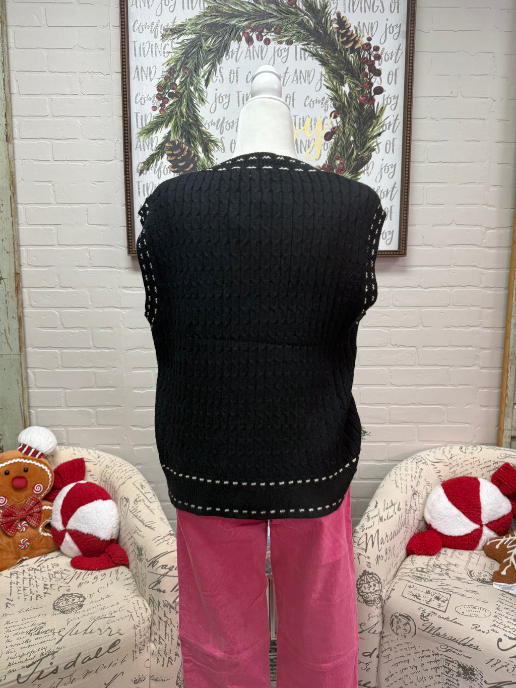 Black Knit V-Neck Sweater Vest with Stitching