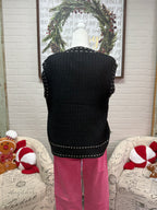 Black Knit V-Neck Sweater Vest with Stitching