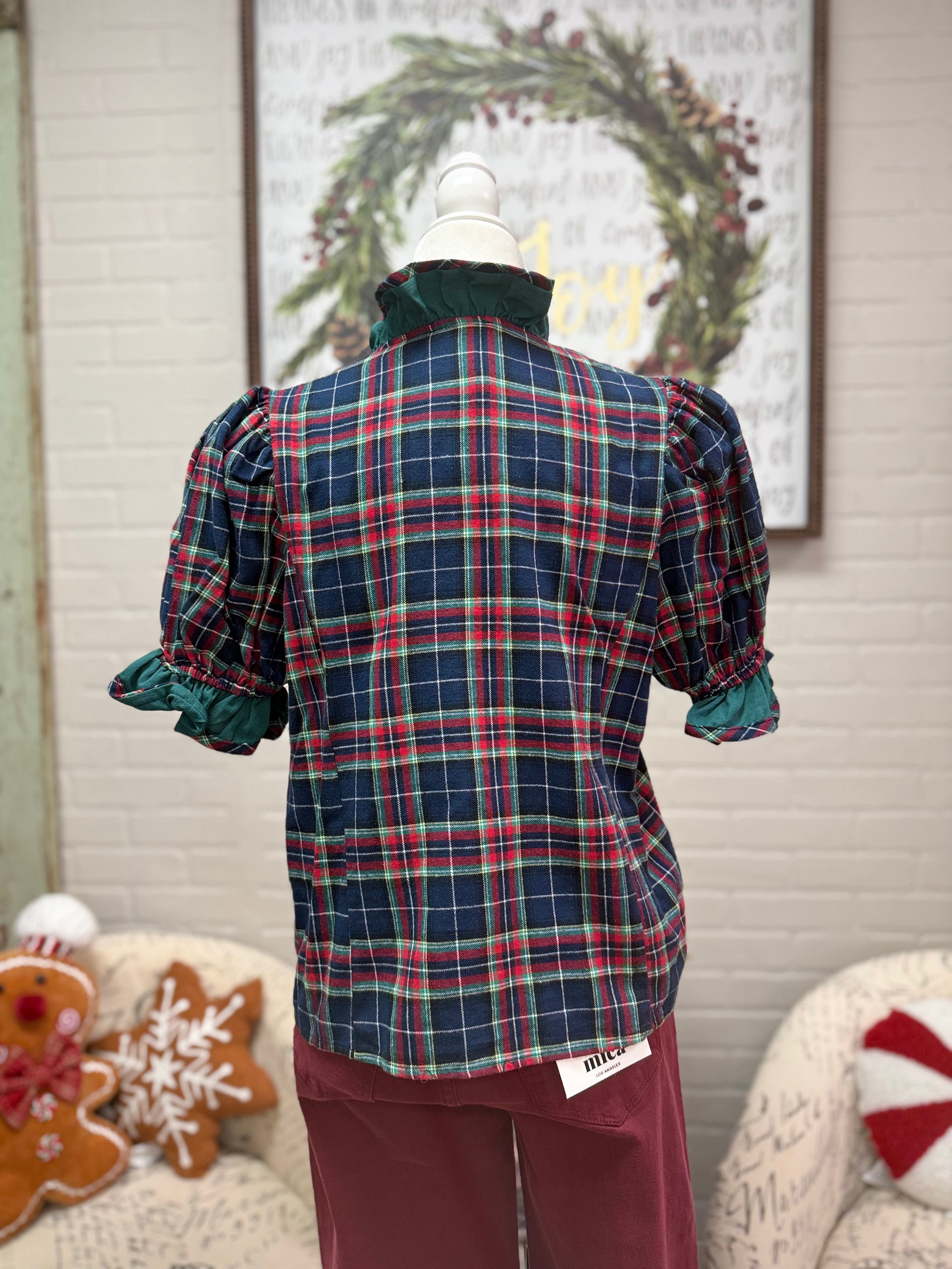 Navy Plaid Ruffle Top