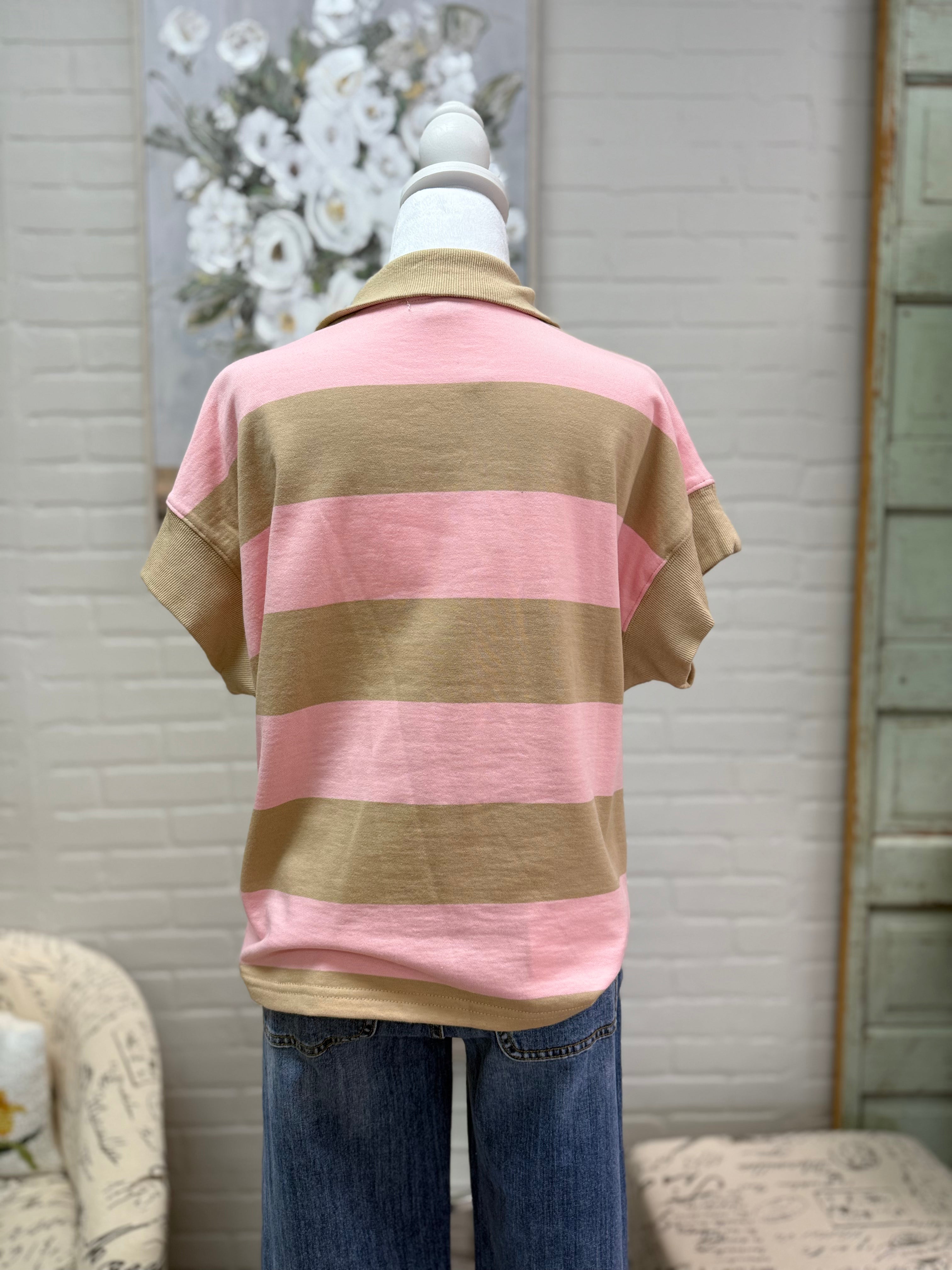 Pink & Tan Striped Zip Pullover