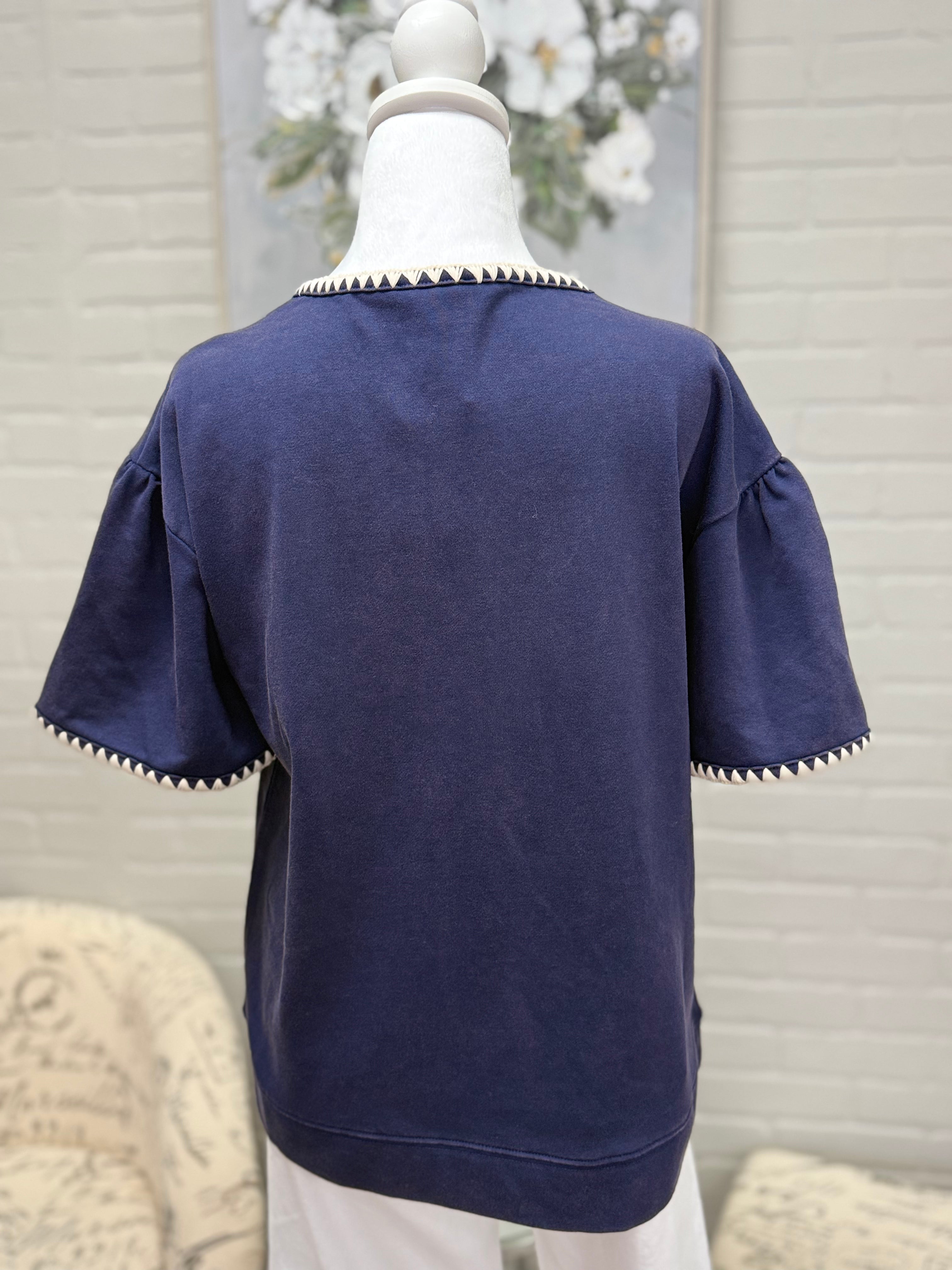 Navy Top w/ Cream Stiching