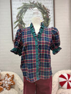 Navy Plaid Ruffle Top