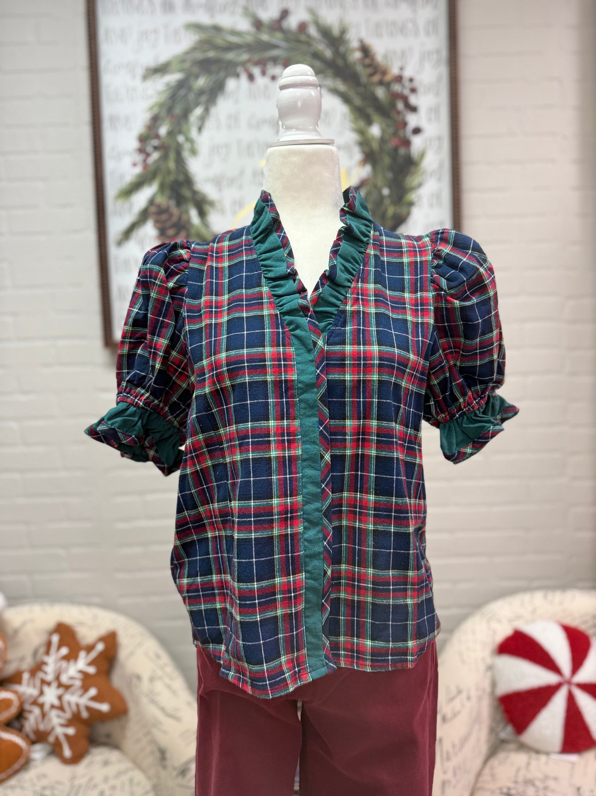 Navy Plaid Ruffle Top