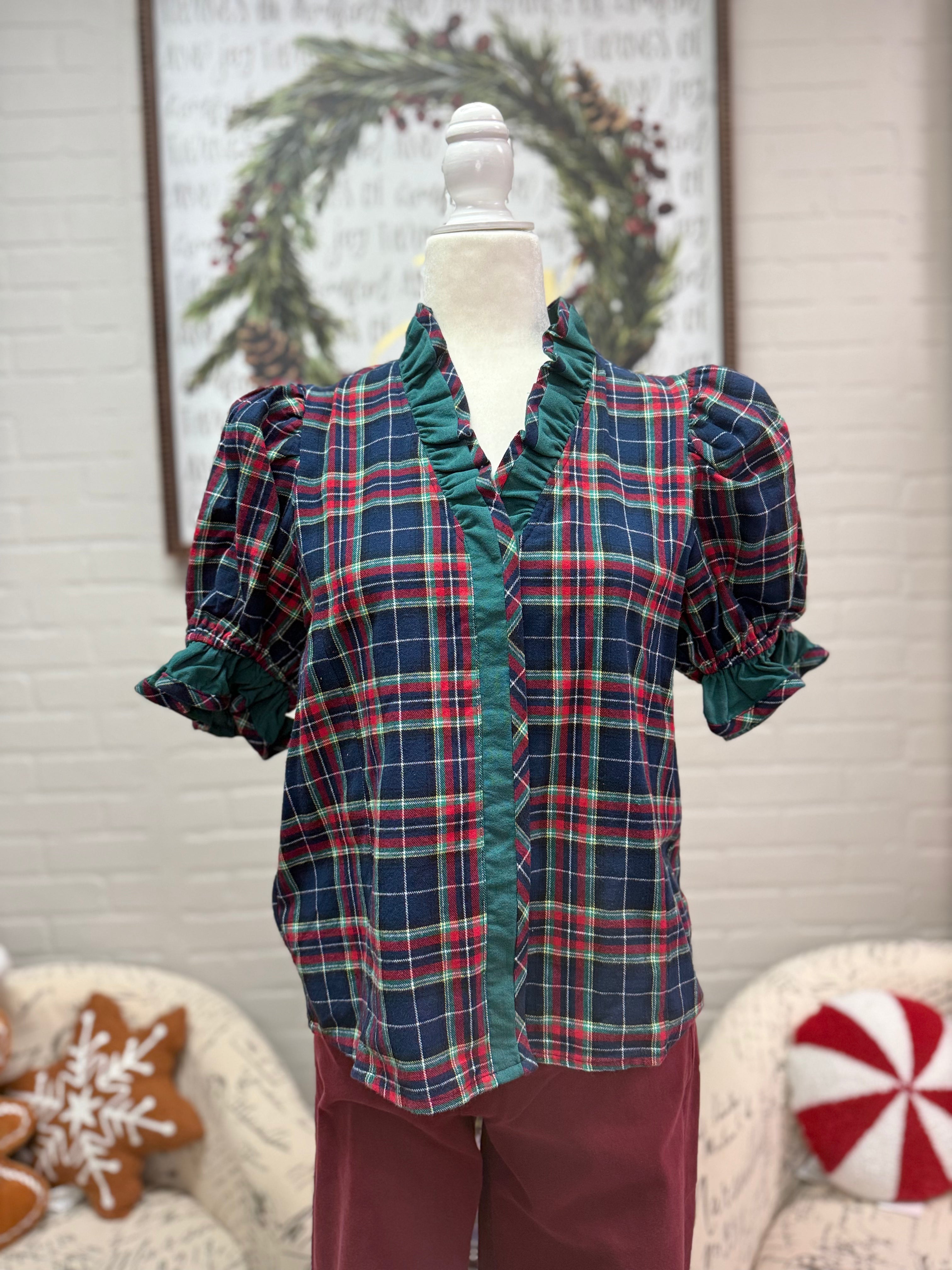 Navy Plaid Ruffle Top
