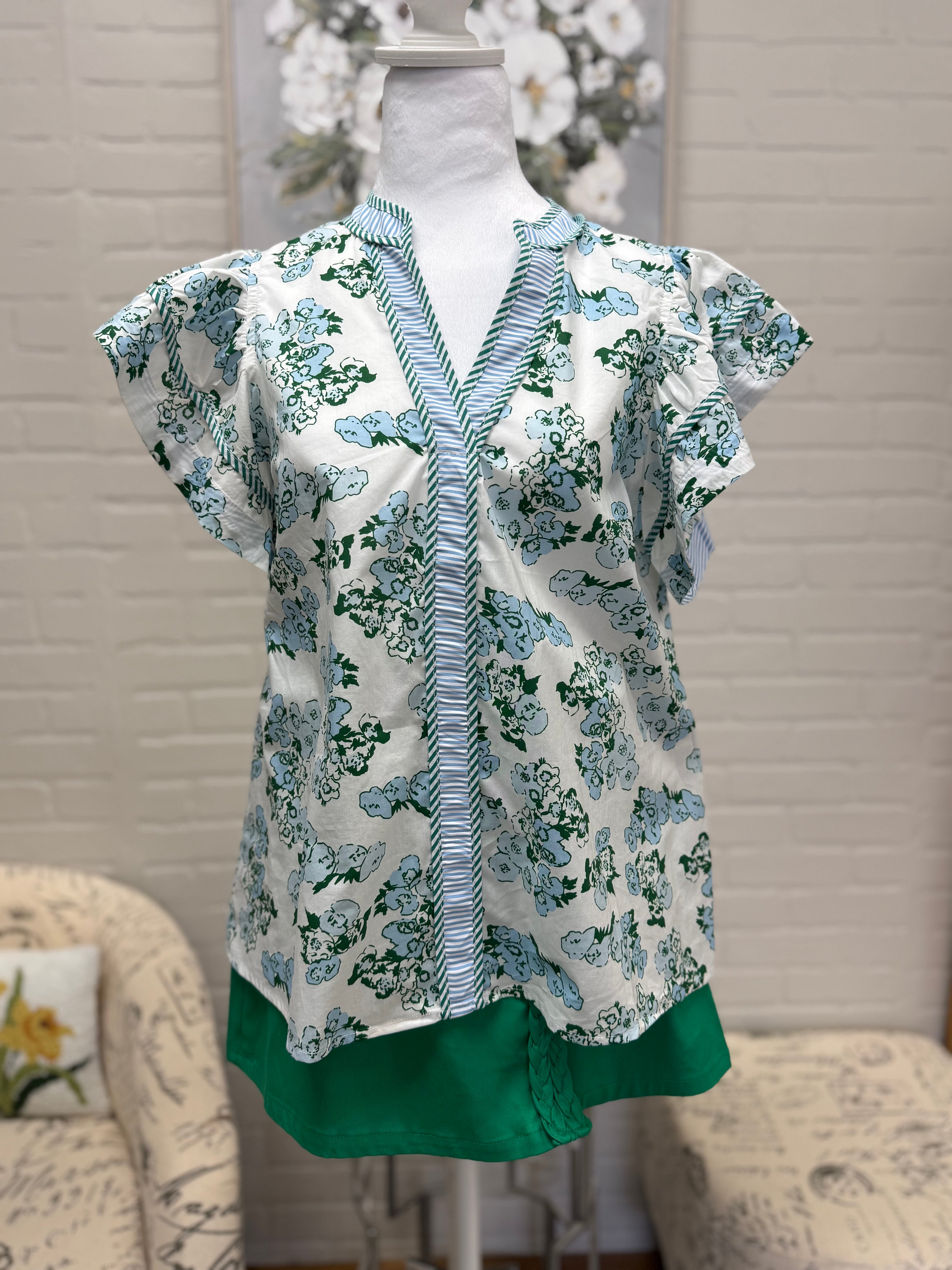Blue & Green Floral Top