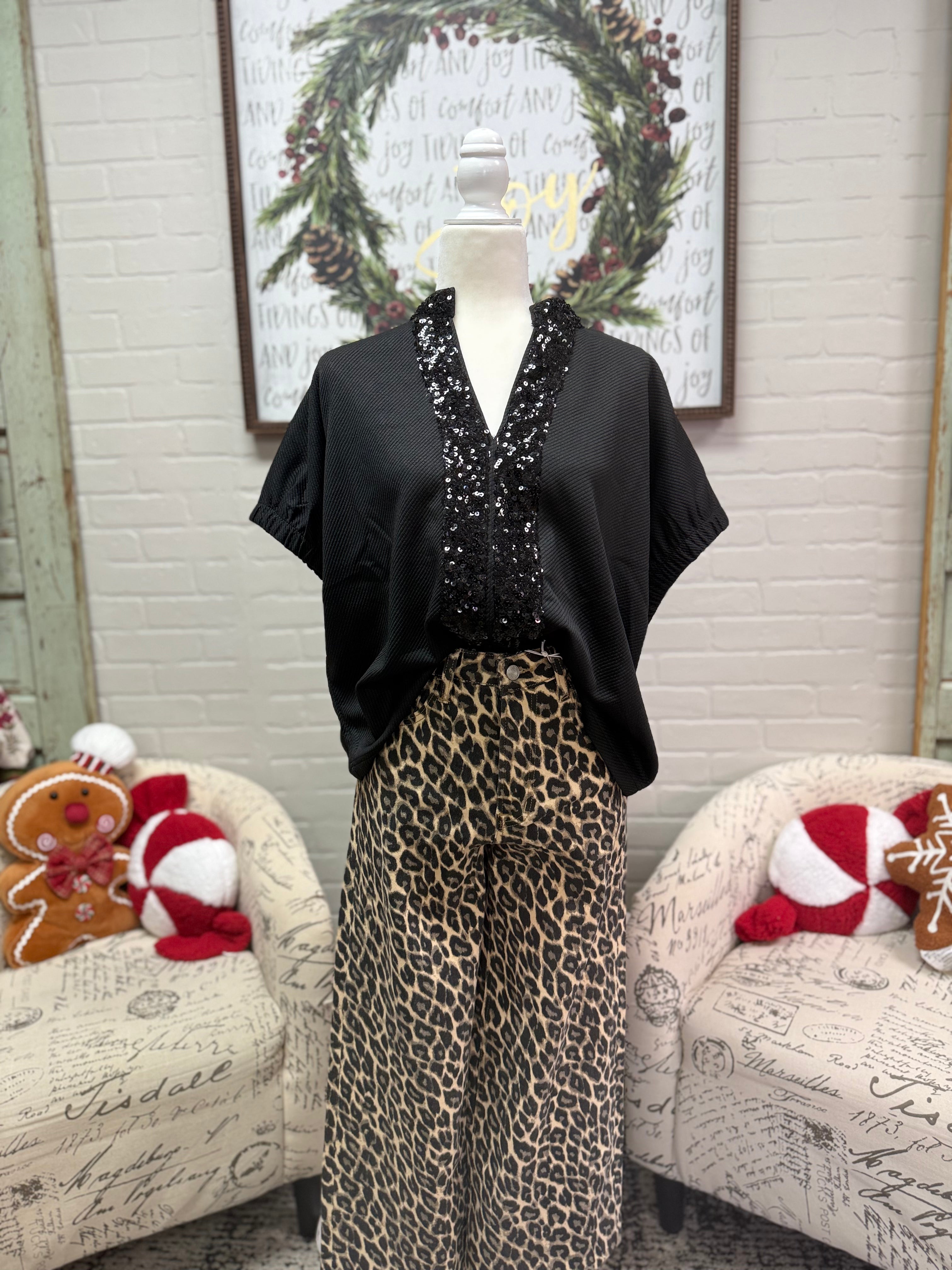 Black Textured Sequin Top