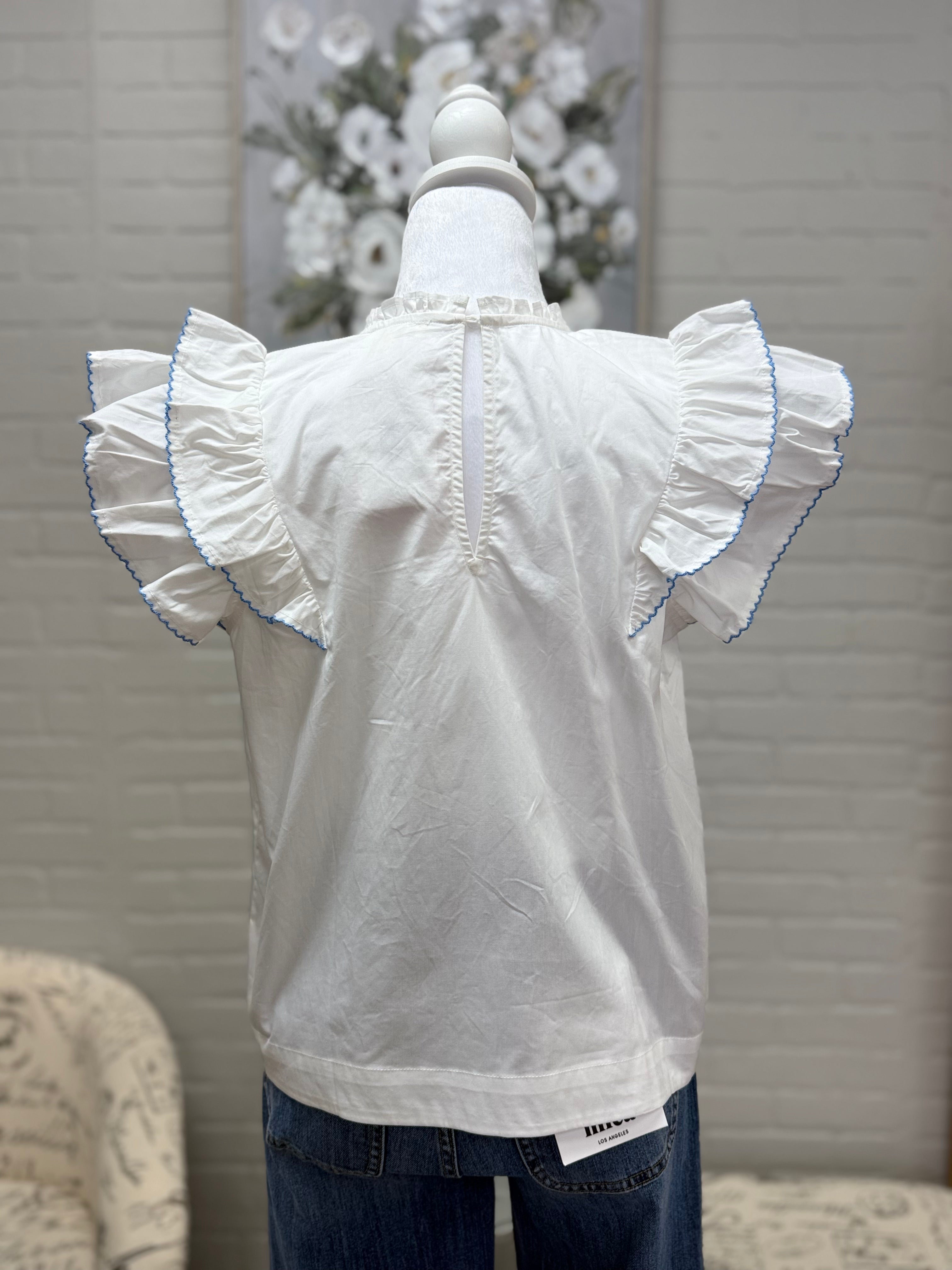 Off White Blouse w/ Blue Trim