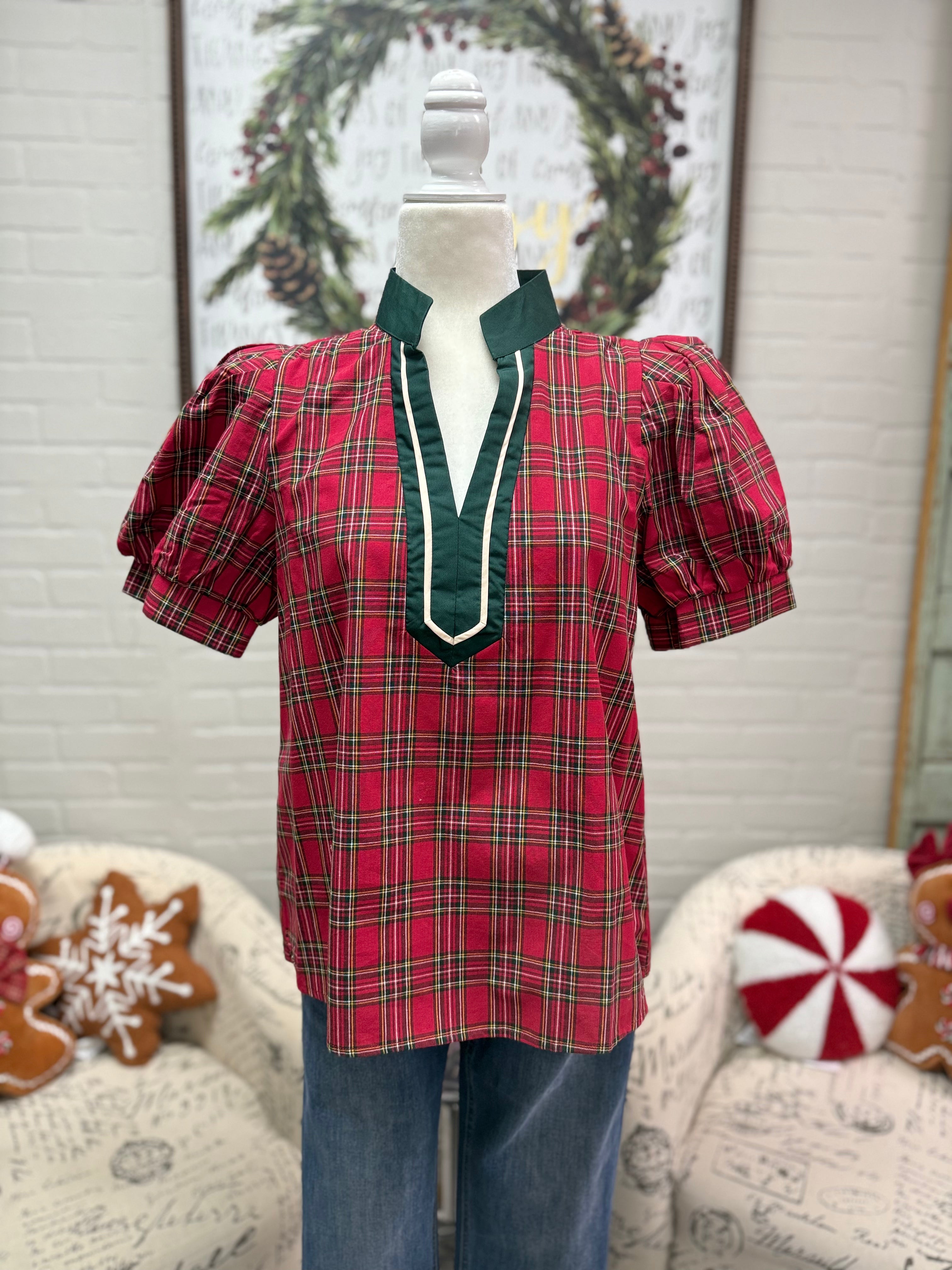 Red Plaid Contrast Top