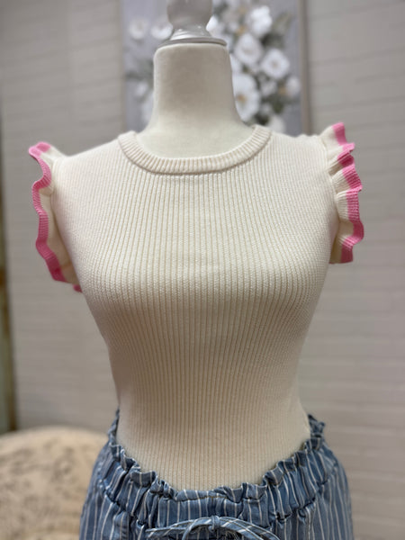 Cream Ruffle Sleeve Knit Sweater Top
