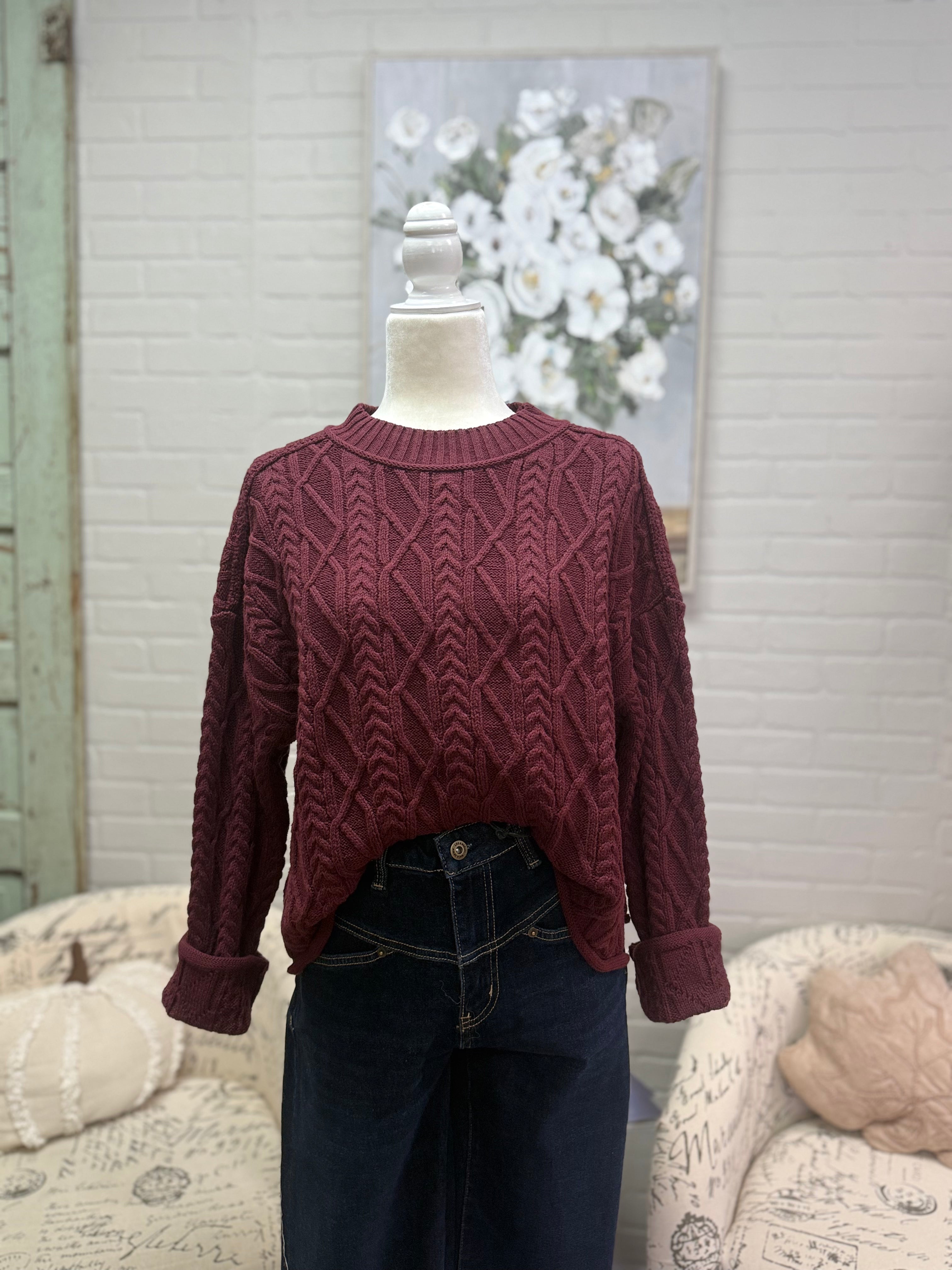 Wine Cable Knit Sweater
