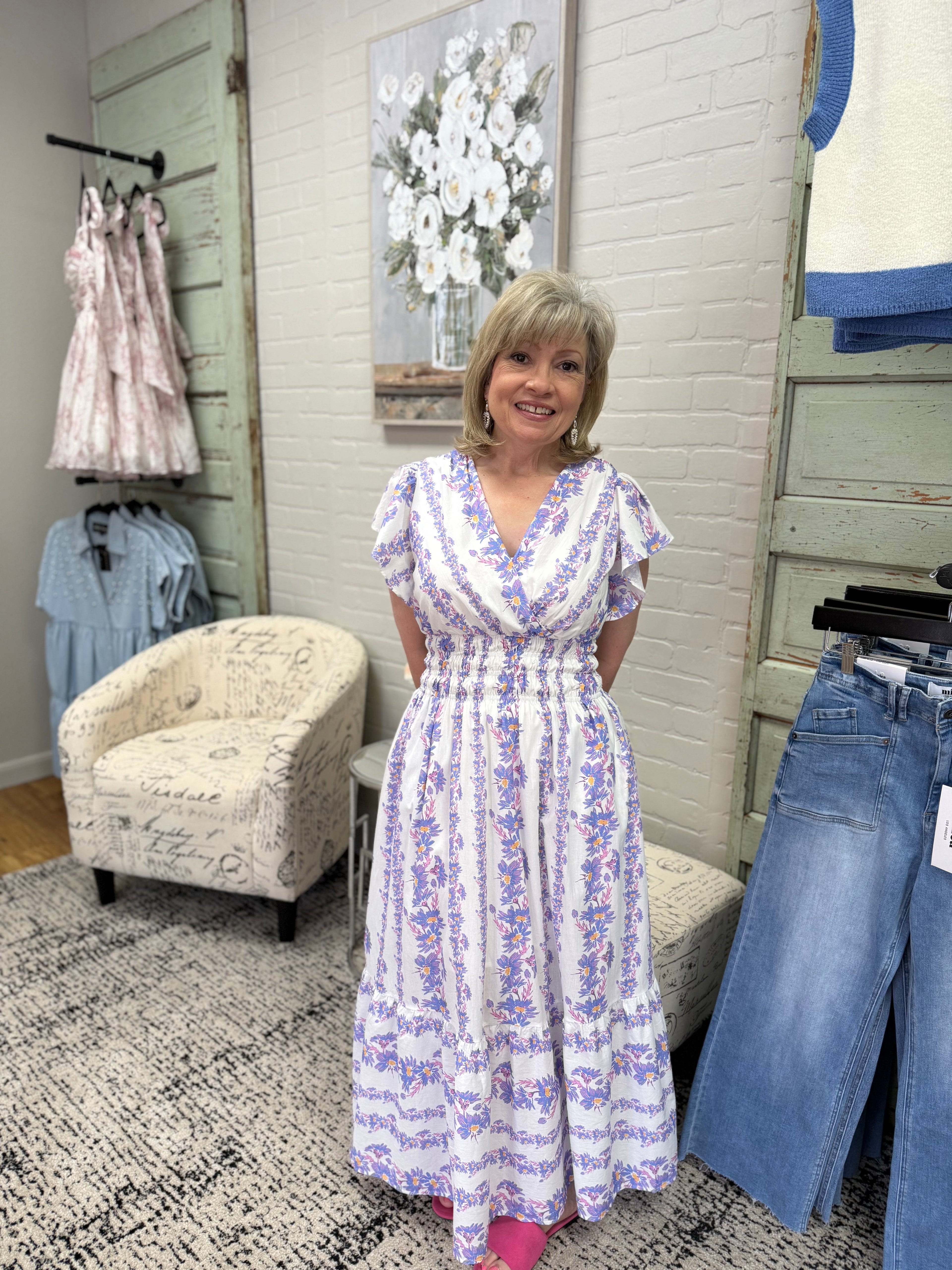 Lavender Floral V-Neck Dress