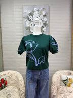 Green Floral Puff Sleeve Sweater