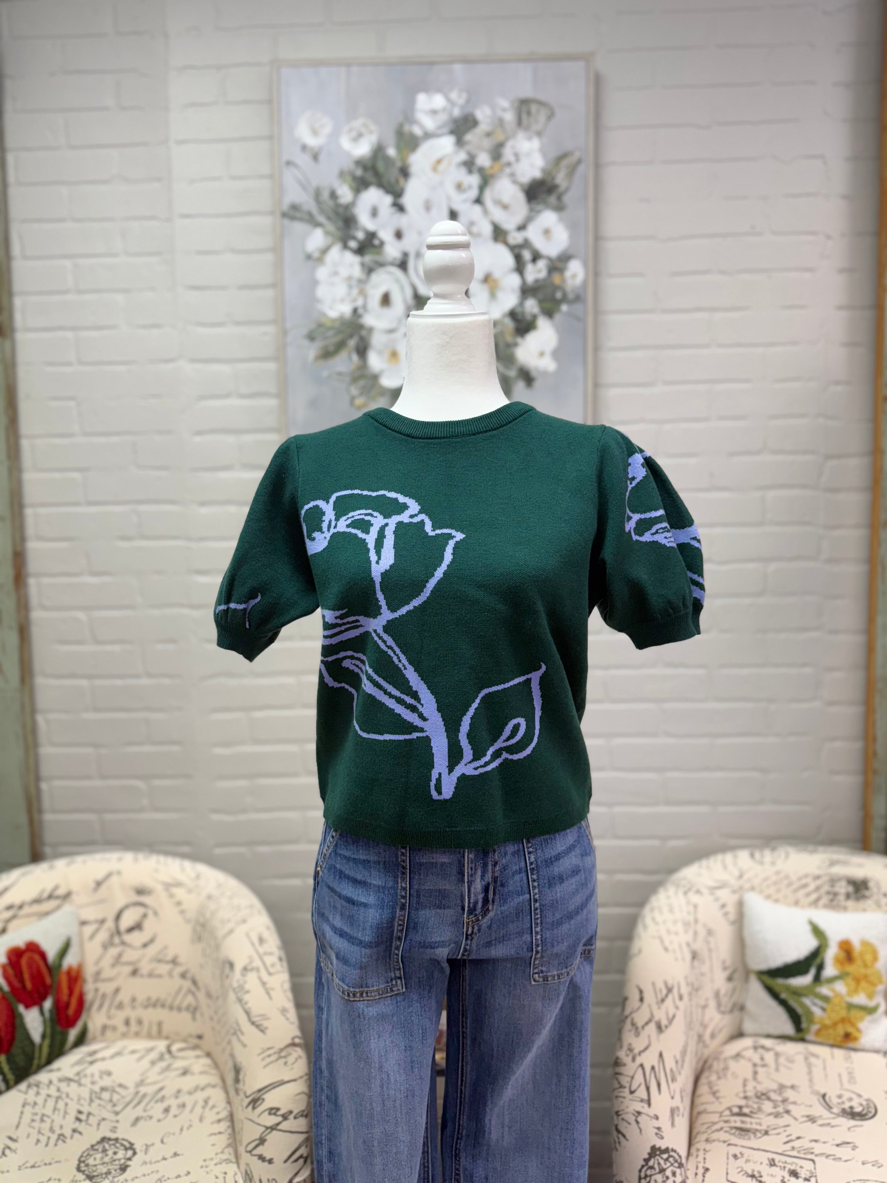 Green Floral Puff Sleeve Sweater