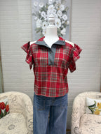 Red Plaid Top w/ Ruffle Sleeve