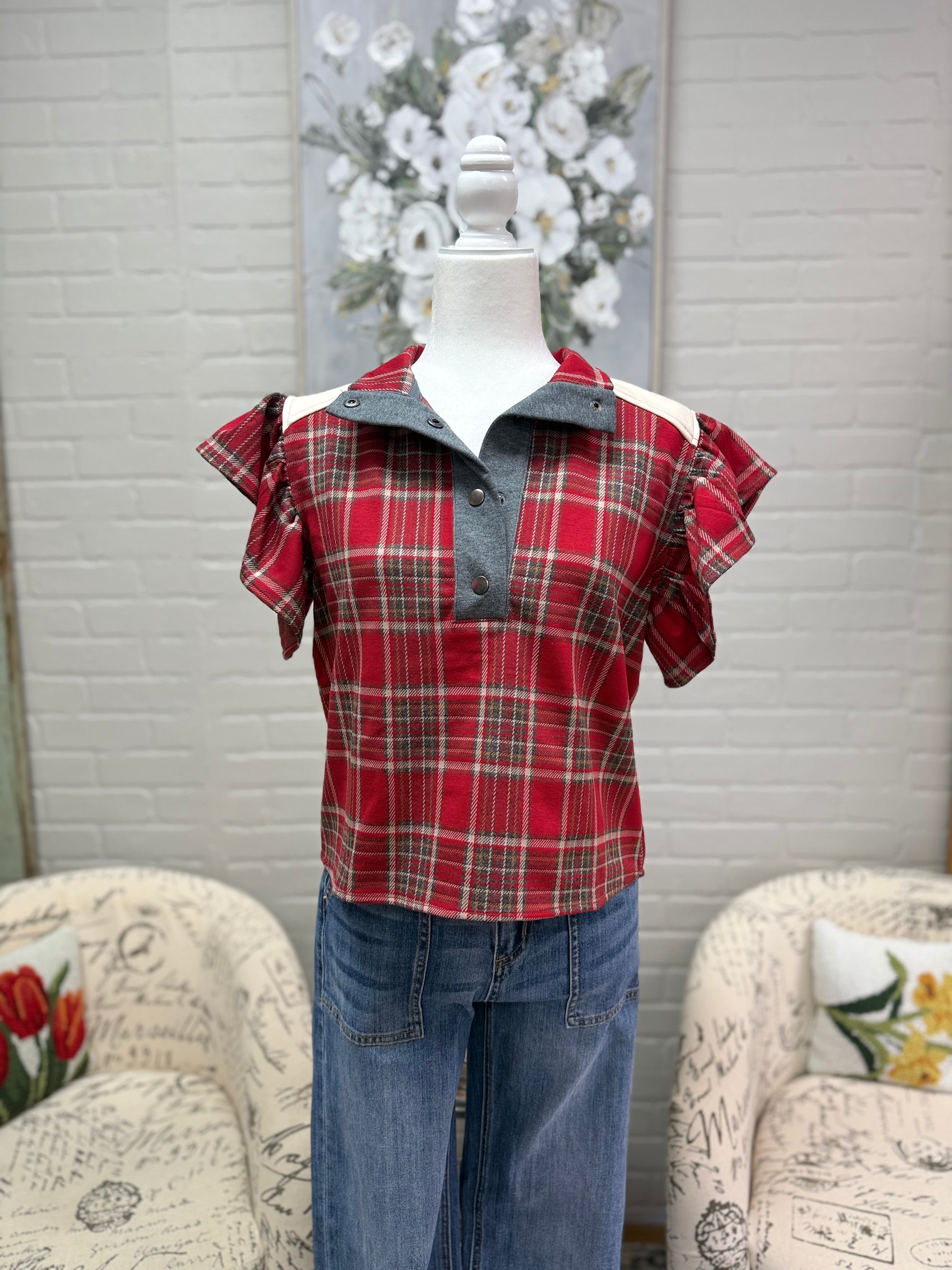 Red Plaid Top w/ Ruffle Sleeve