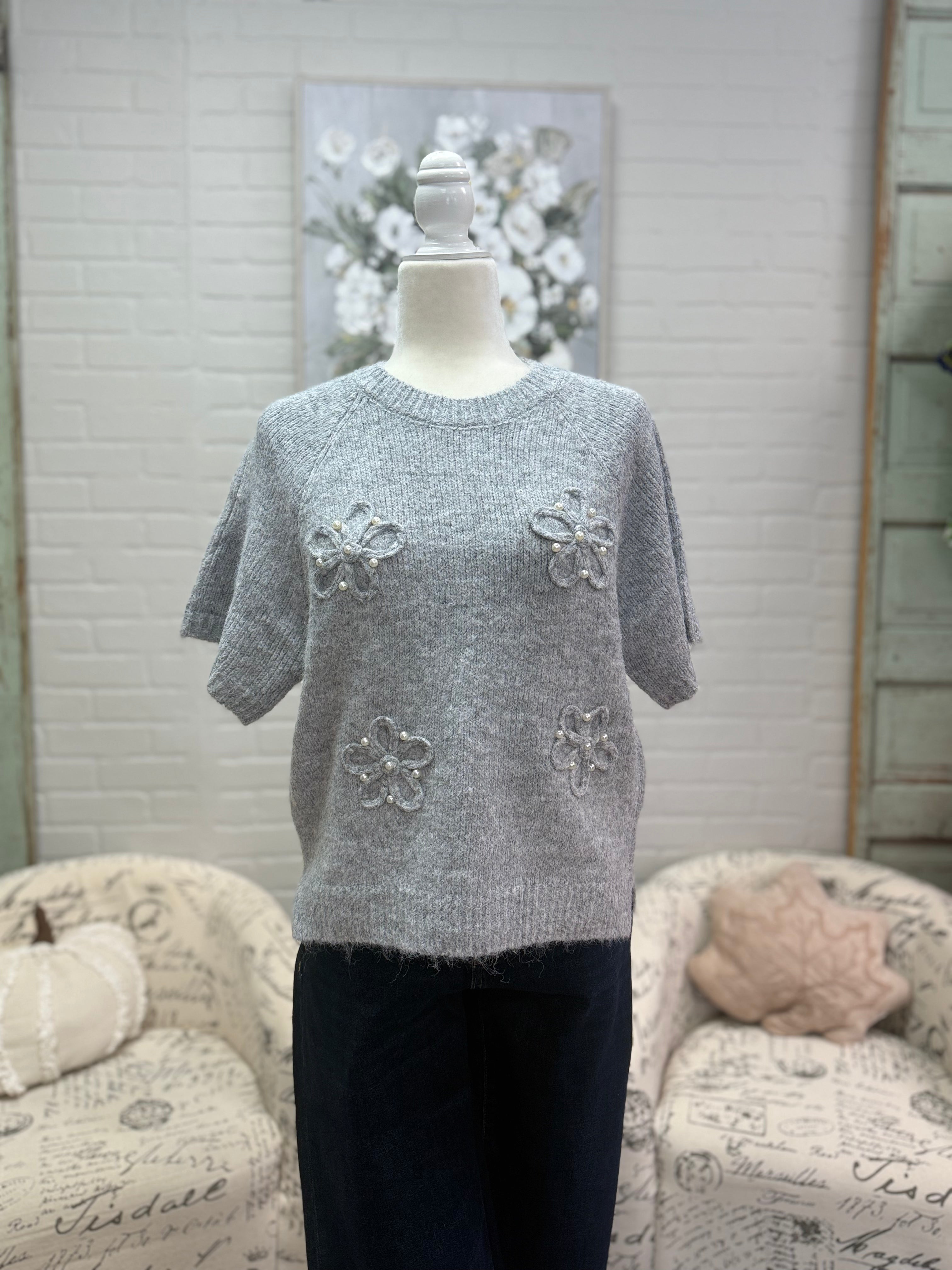 Grey Flower Short Sleeve Sweater