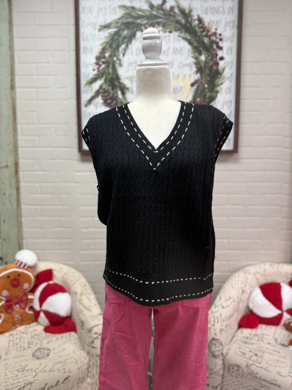 Black Knit V-Neck Sweater Vest with Stitching