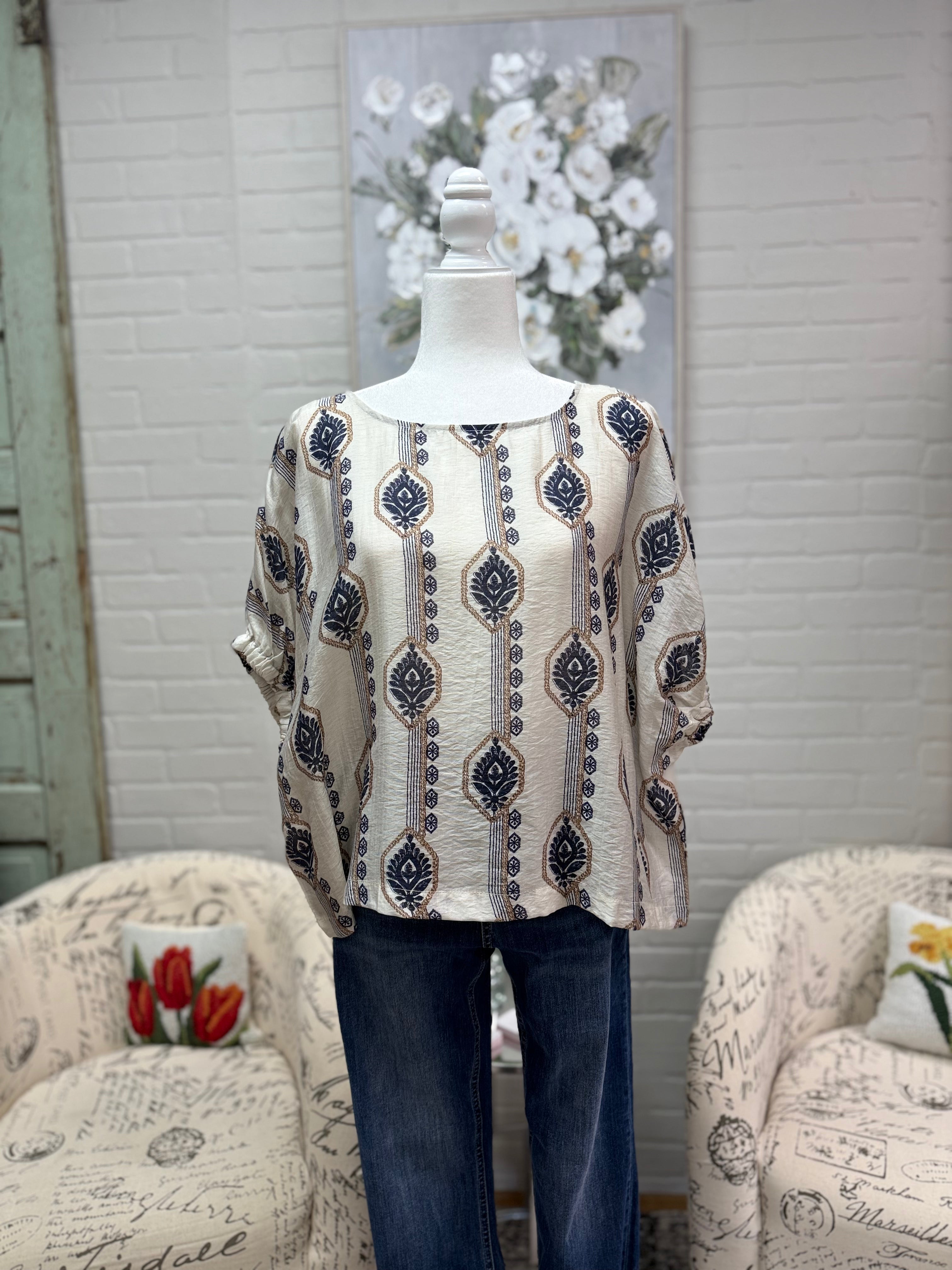 Navy Floral Boat Neck Blouse