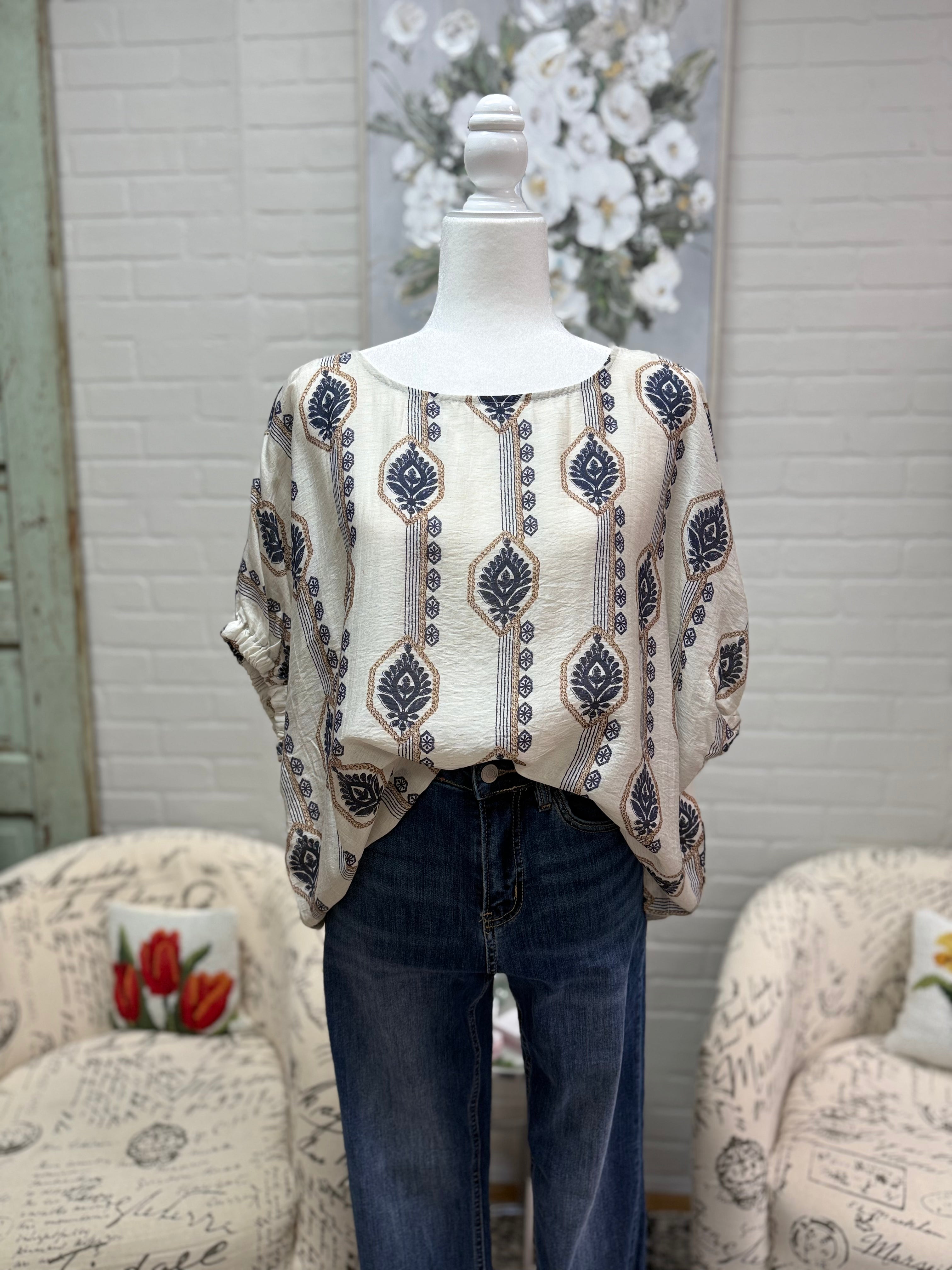 Navy Floral Boat Neck Blouse
