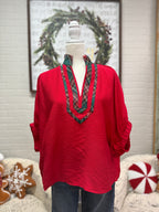 Red & Plaid Contrast Dolman Top