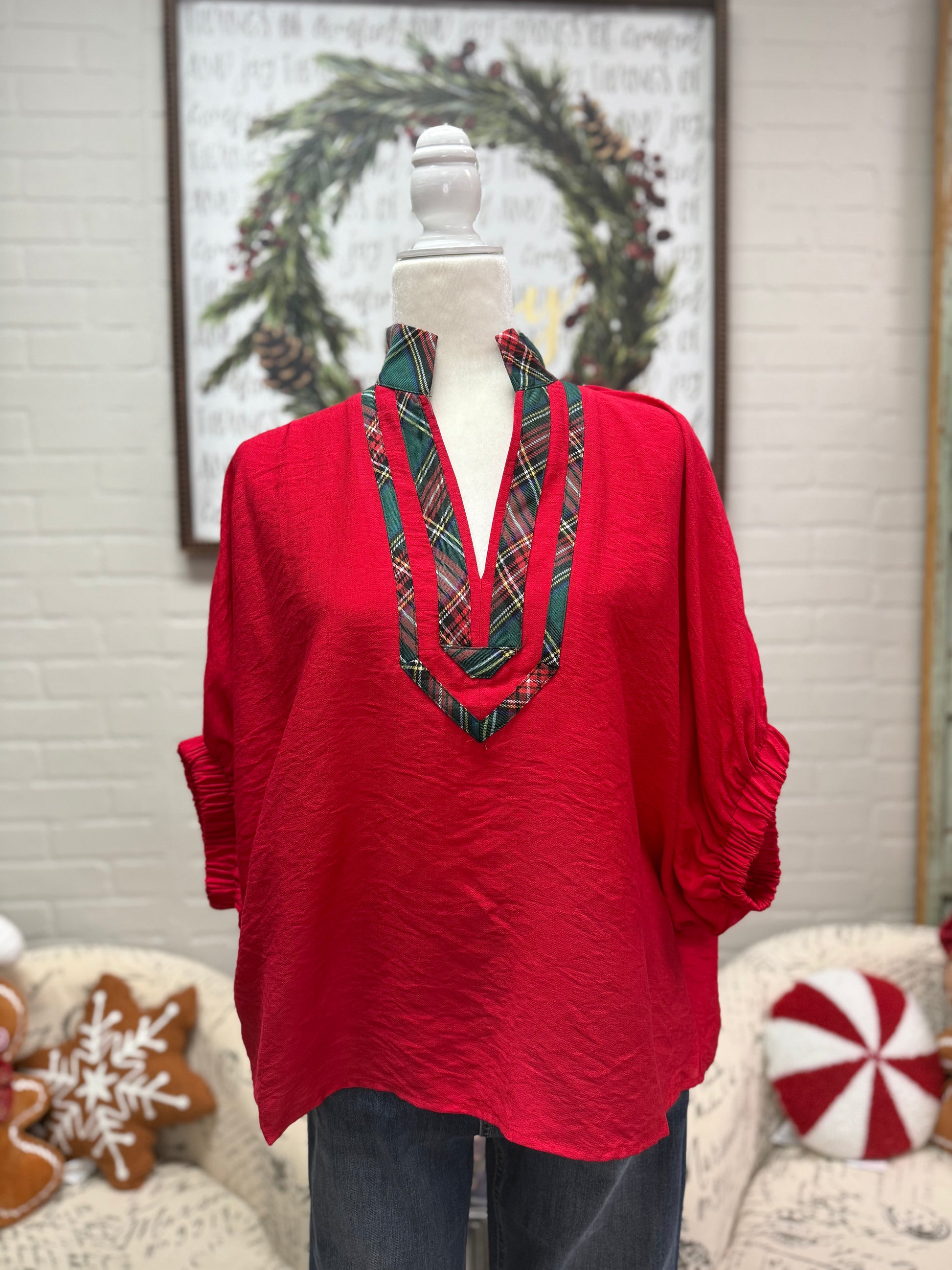 Red & Plaid Contrast Dolman Top