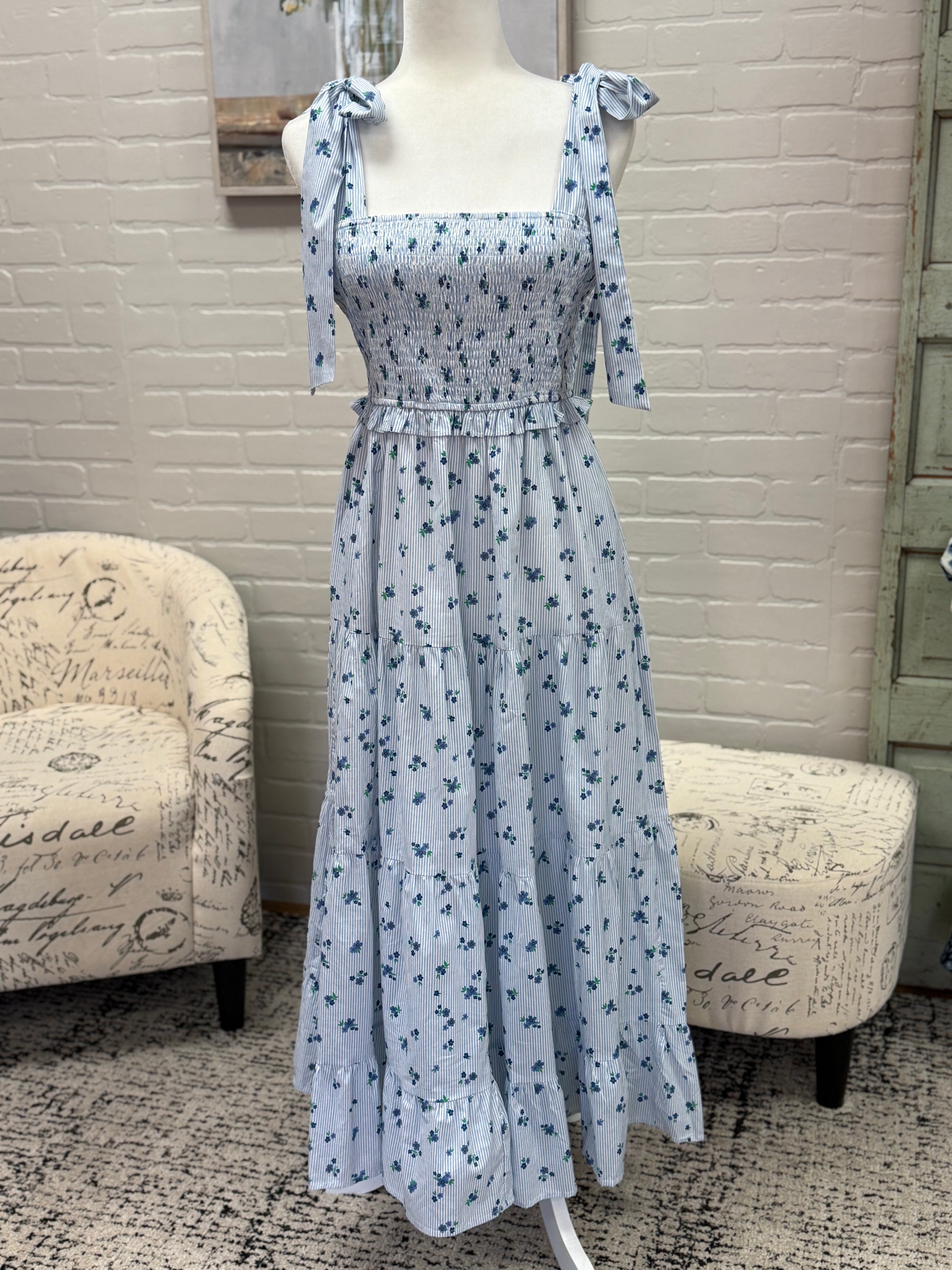 Blue Floral Dress w/ Shoulder Ties