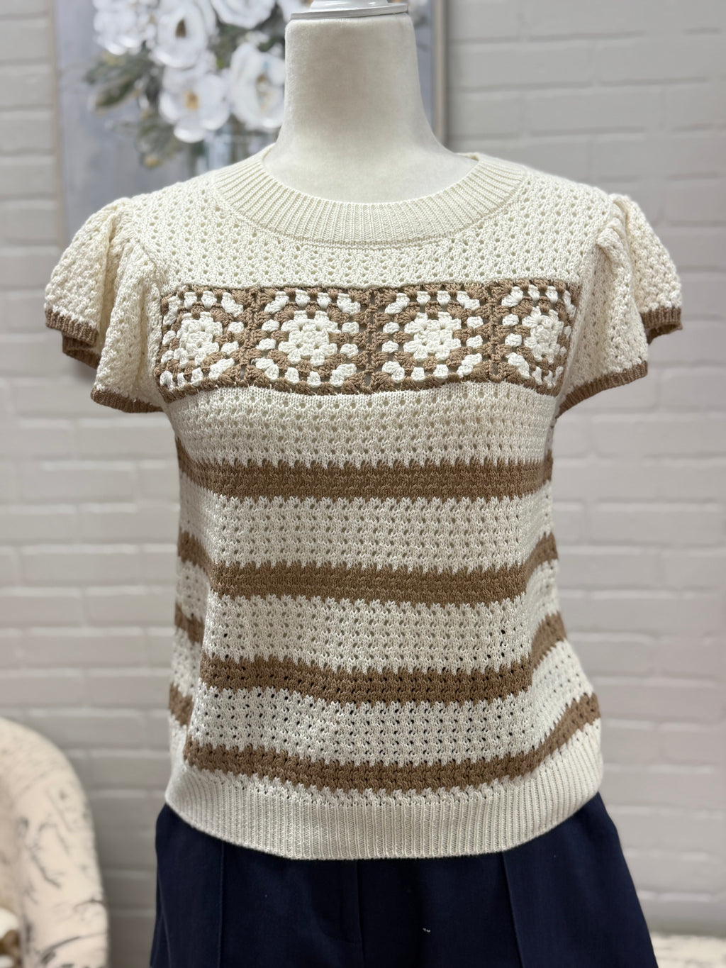Taupe Stripe Crochet Sweater