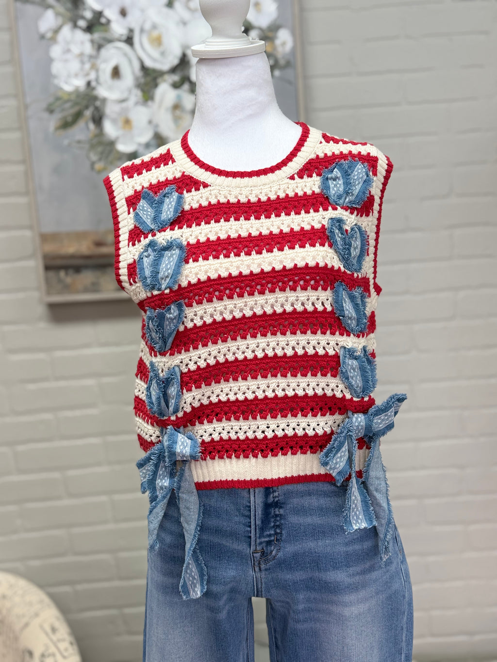 Red Striped Vest w/ Denim Lace Ties