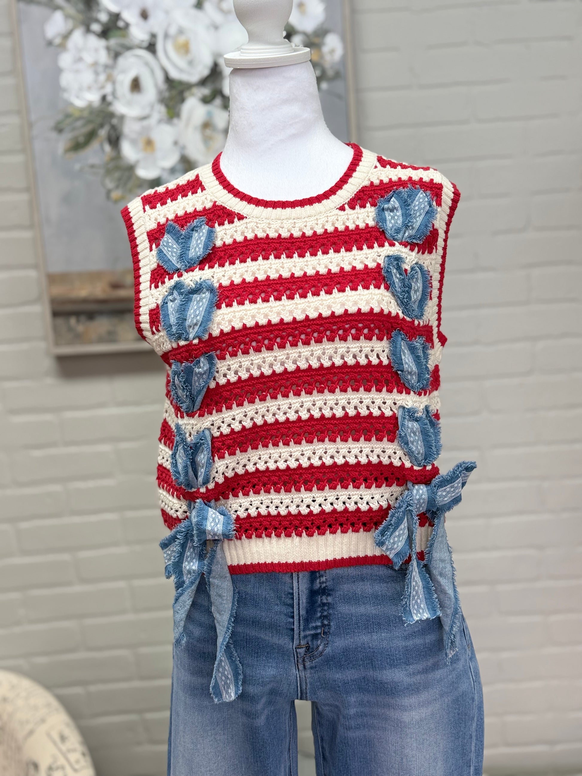 Red Striped Vest w/ Denim Lace Ties