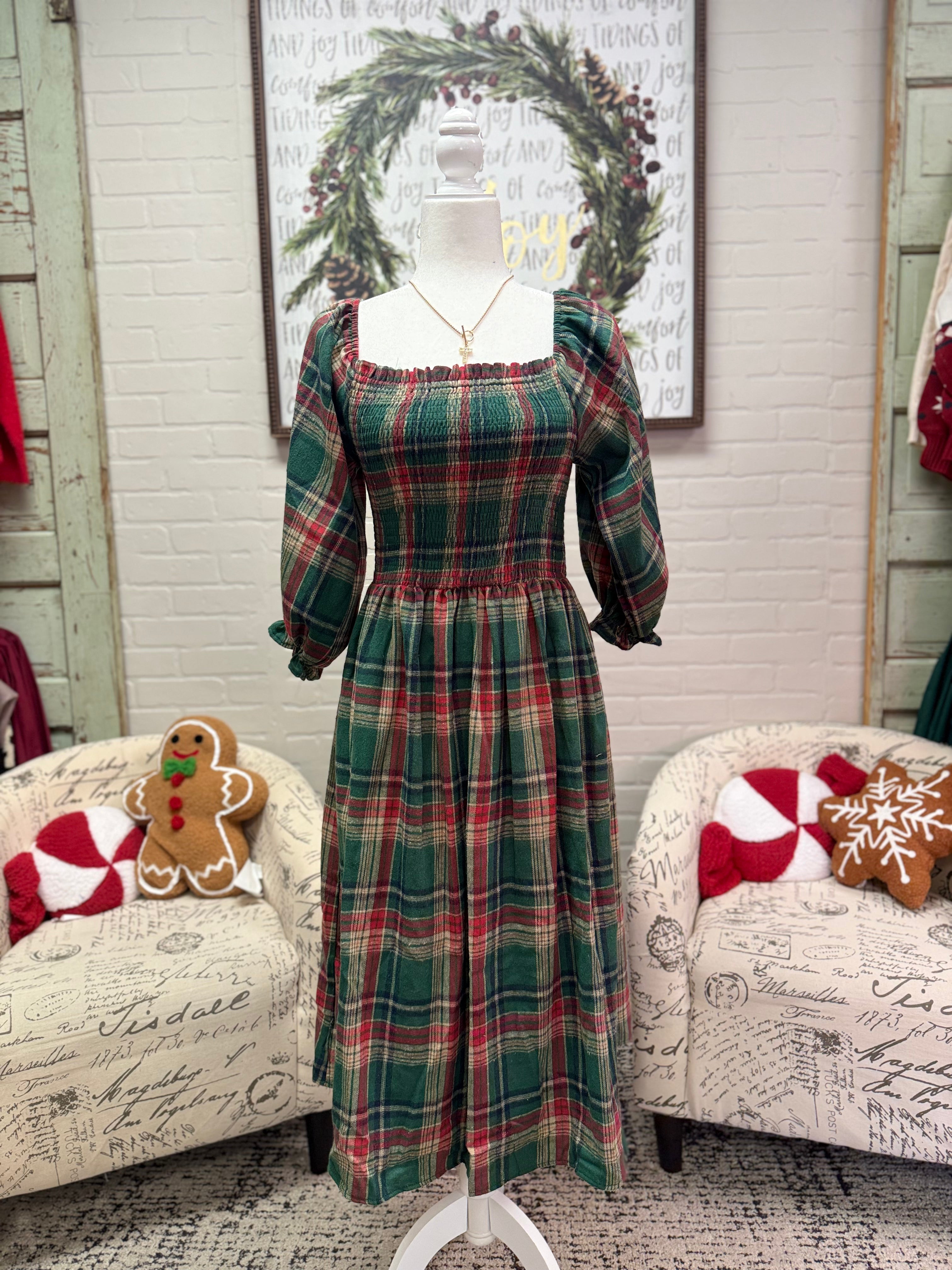 Green Plaid Smocked Midi Dress