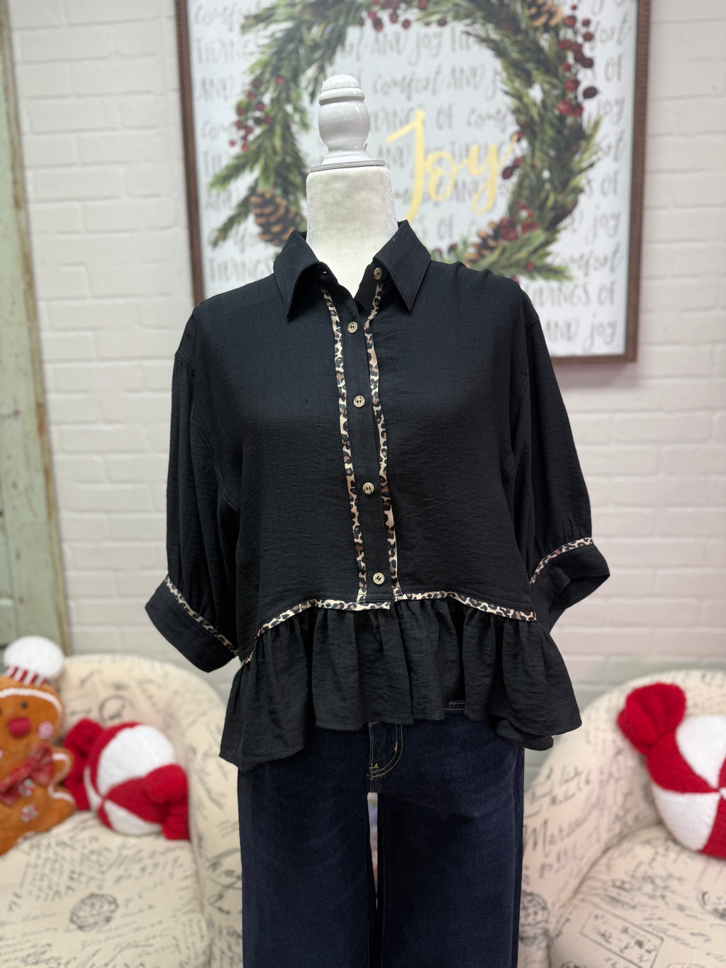 Black Button Down w/ Ruffle Hem