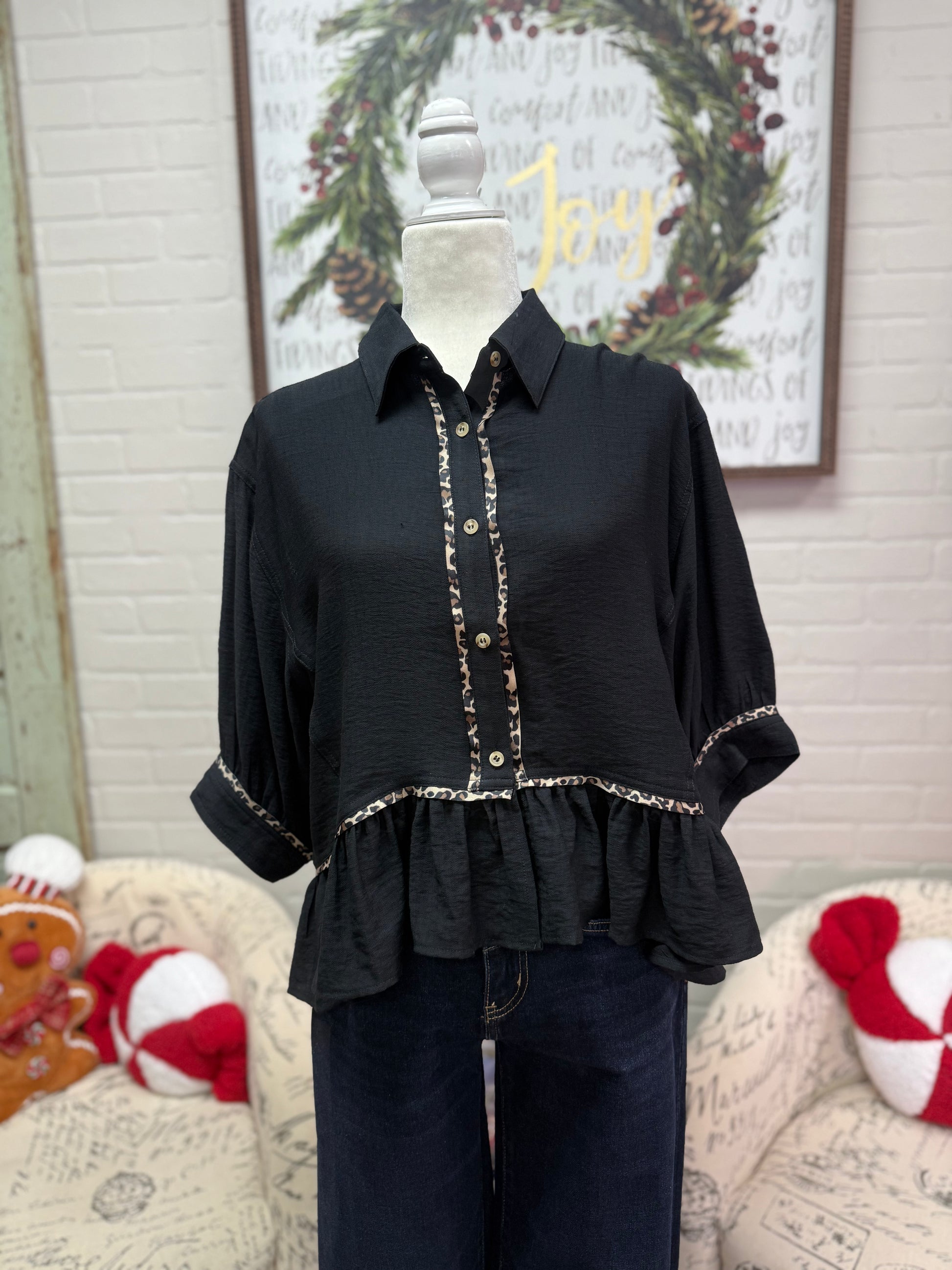 Black Button Down w/ Ruffle Hem