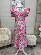 Pink Floral Flutter Sleeve Midi