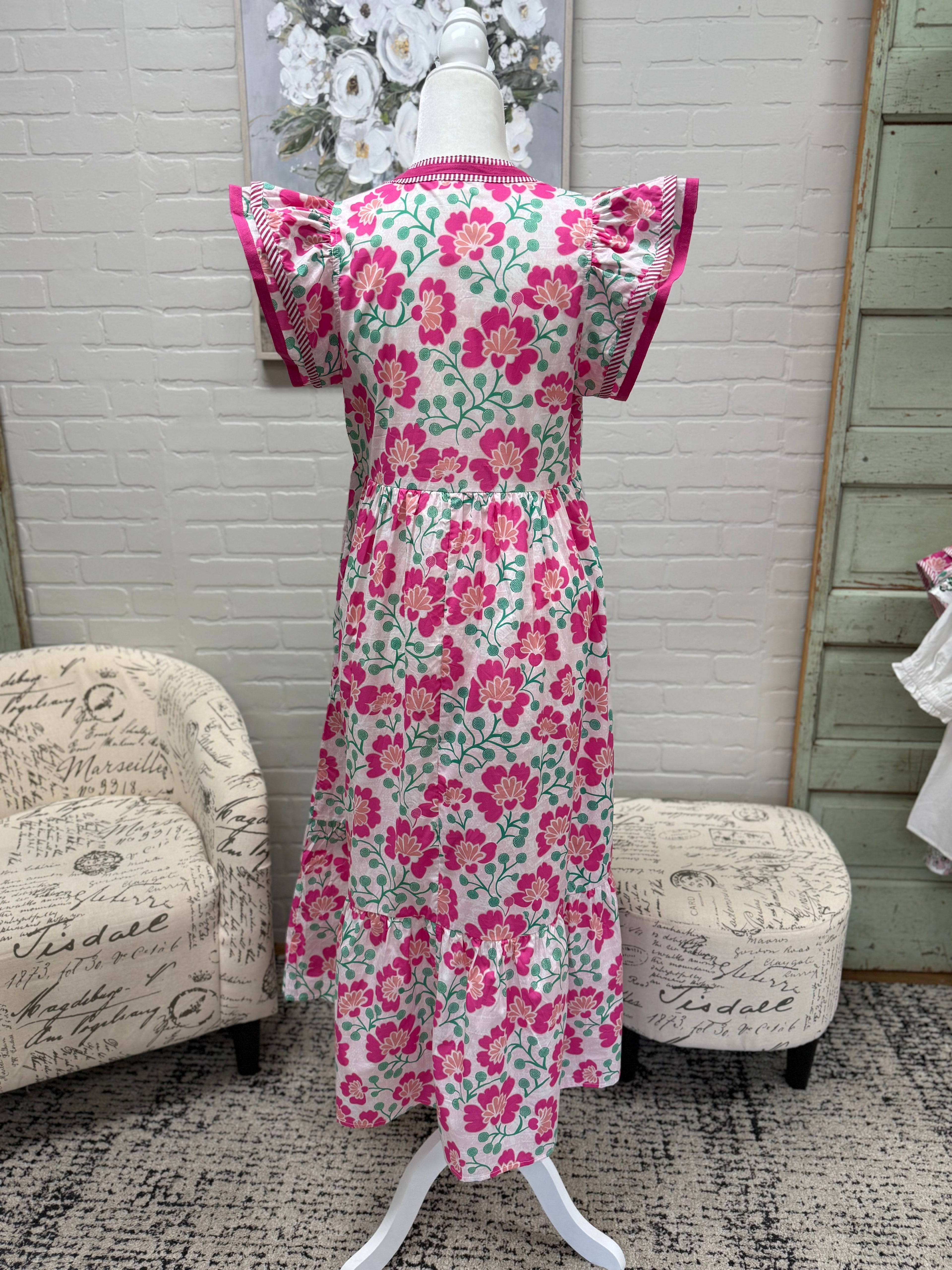 Pink Floral Flutter Sleeve Midi