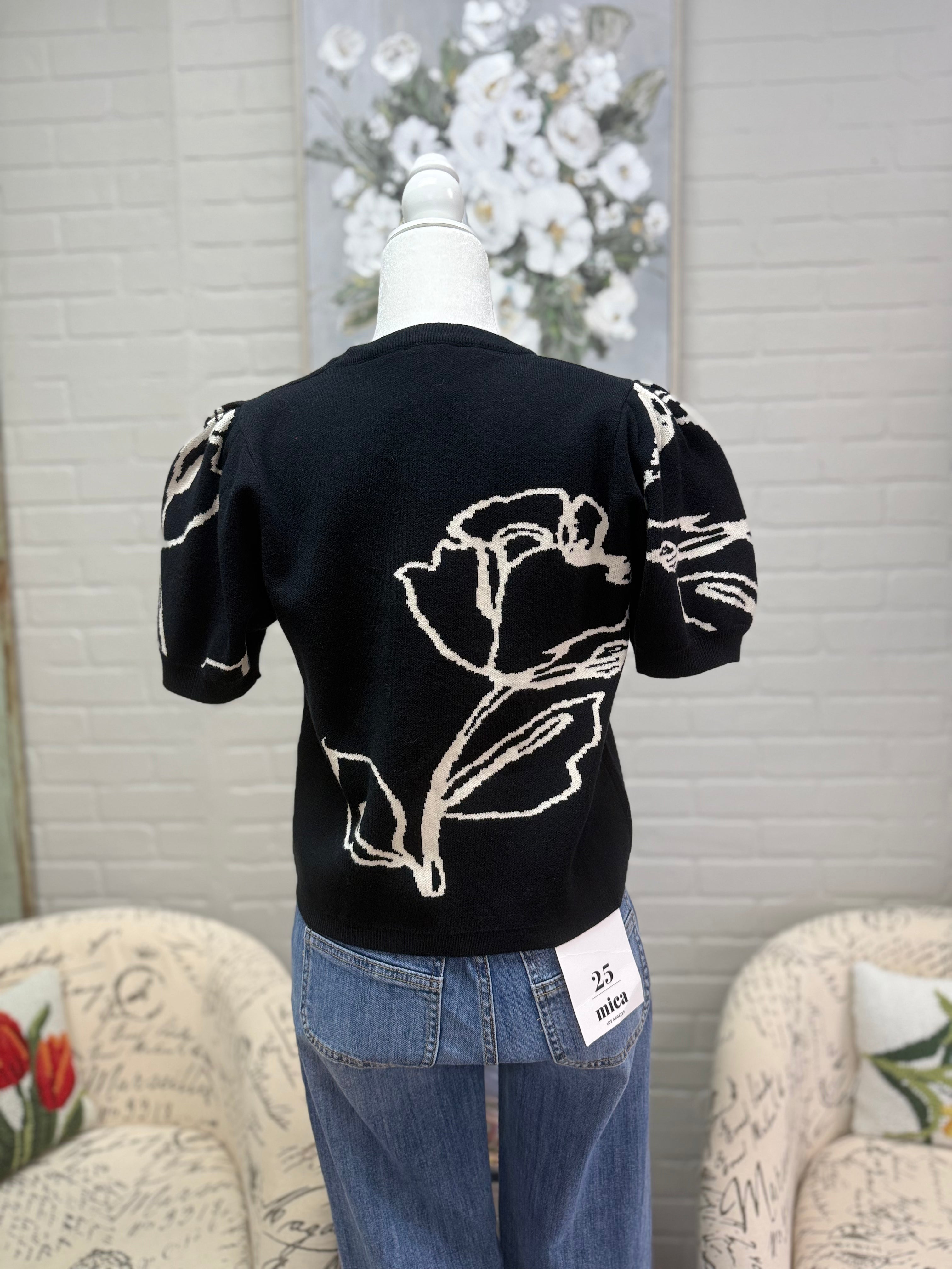 Black Floral Puff Sleeve Sweater