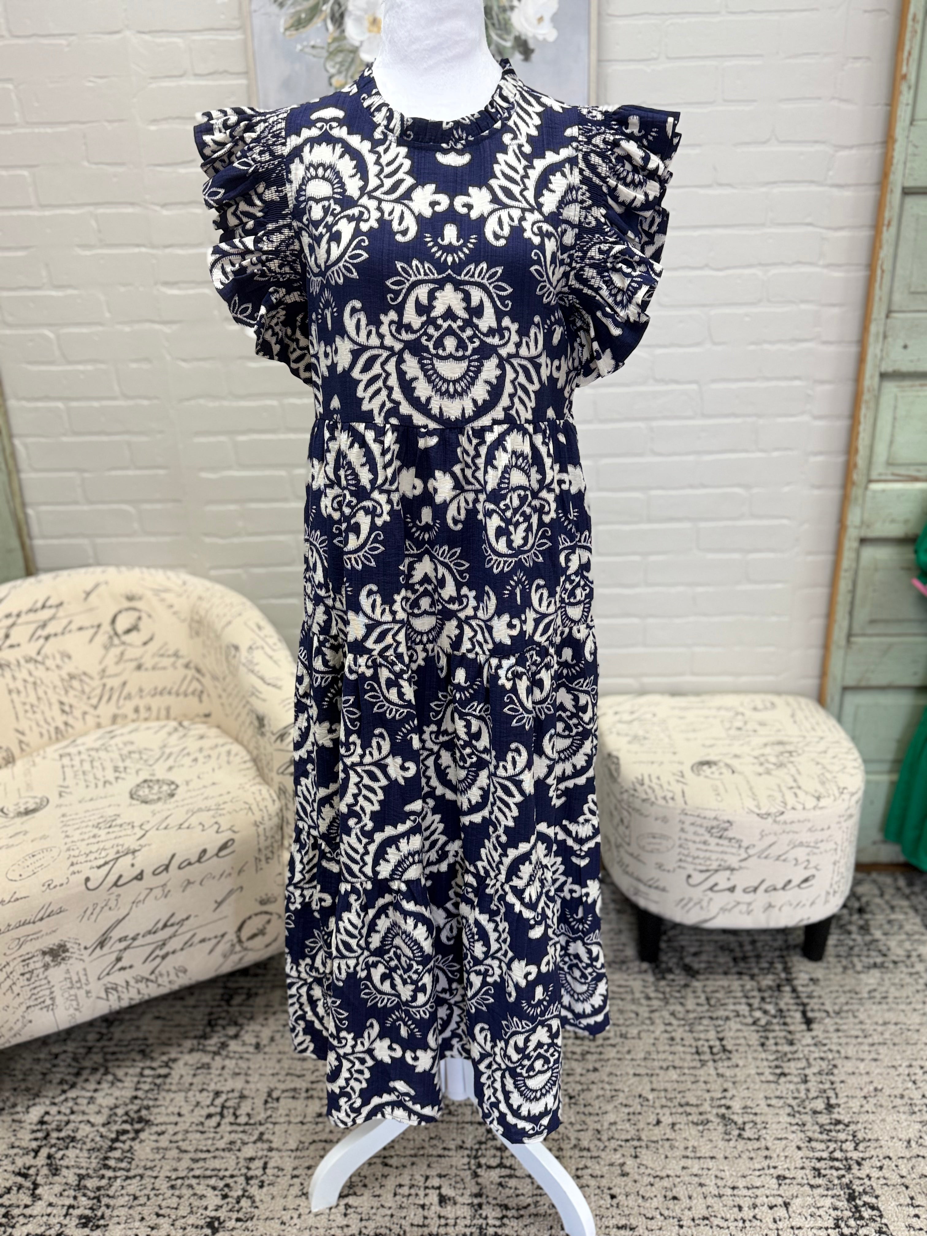 Navy Print Midi Dress