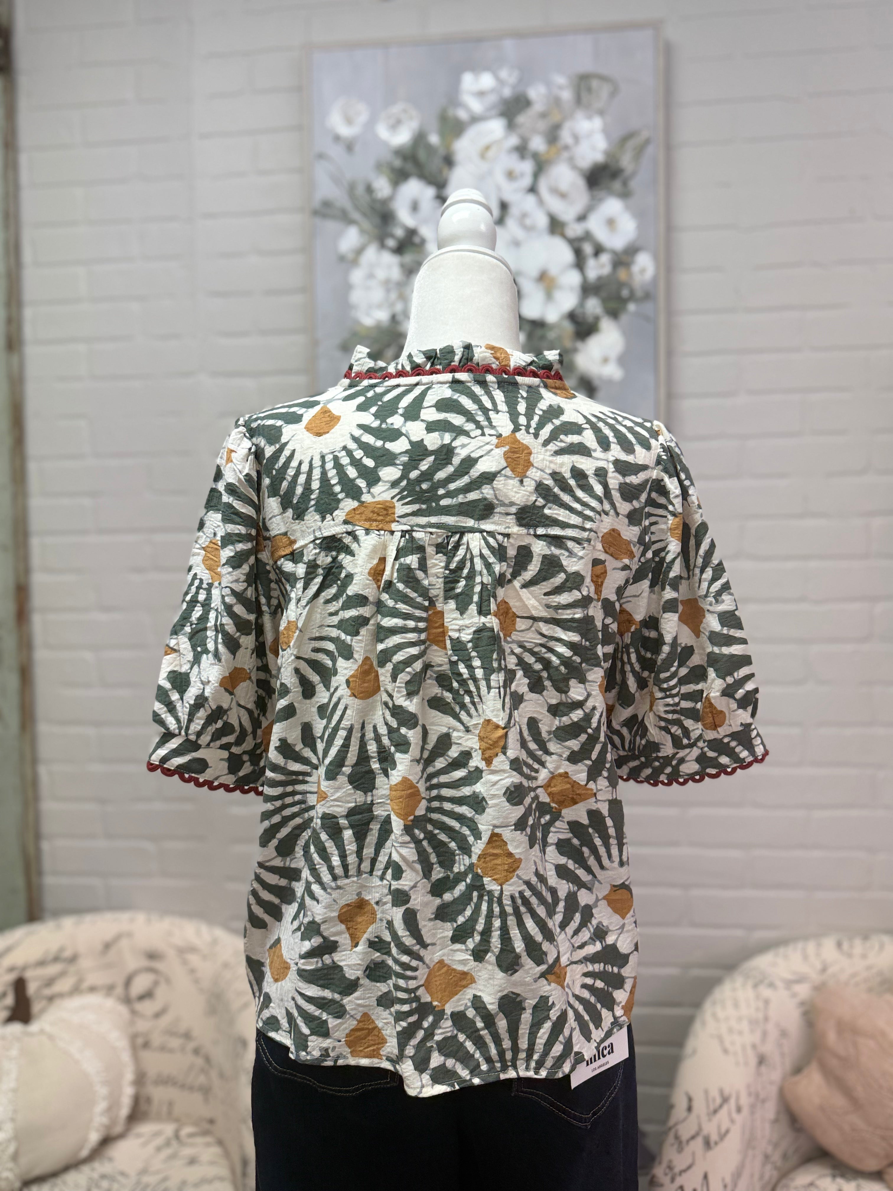 Olive Ruffle Printed Top