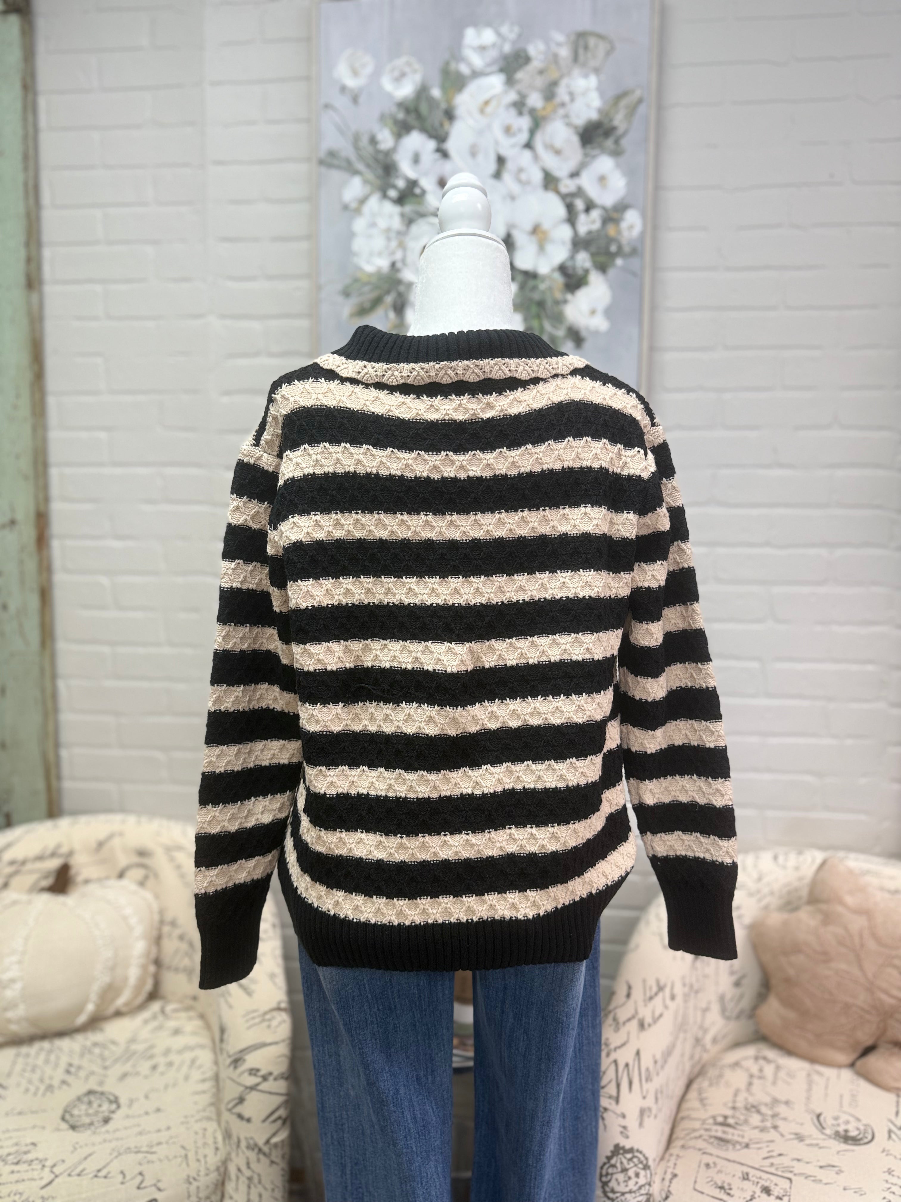 Black Stripe Lace Up Sweater