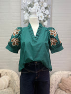 Hunter Green Floral Embroidered Top