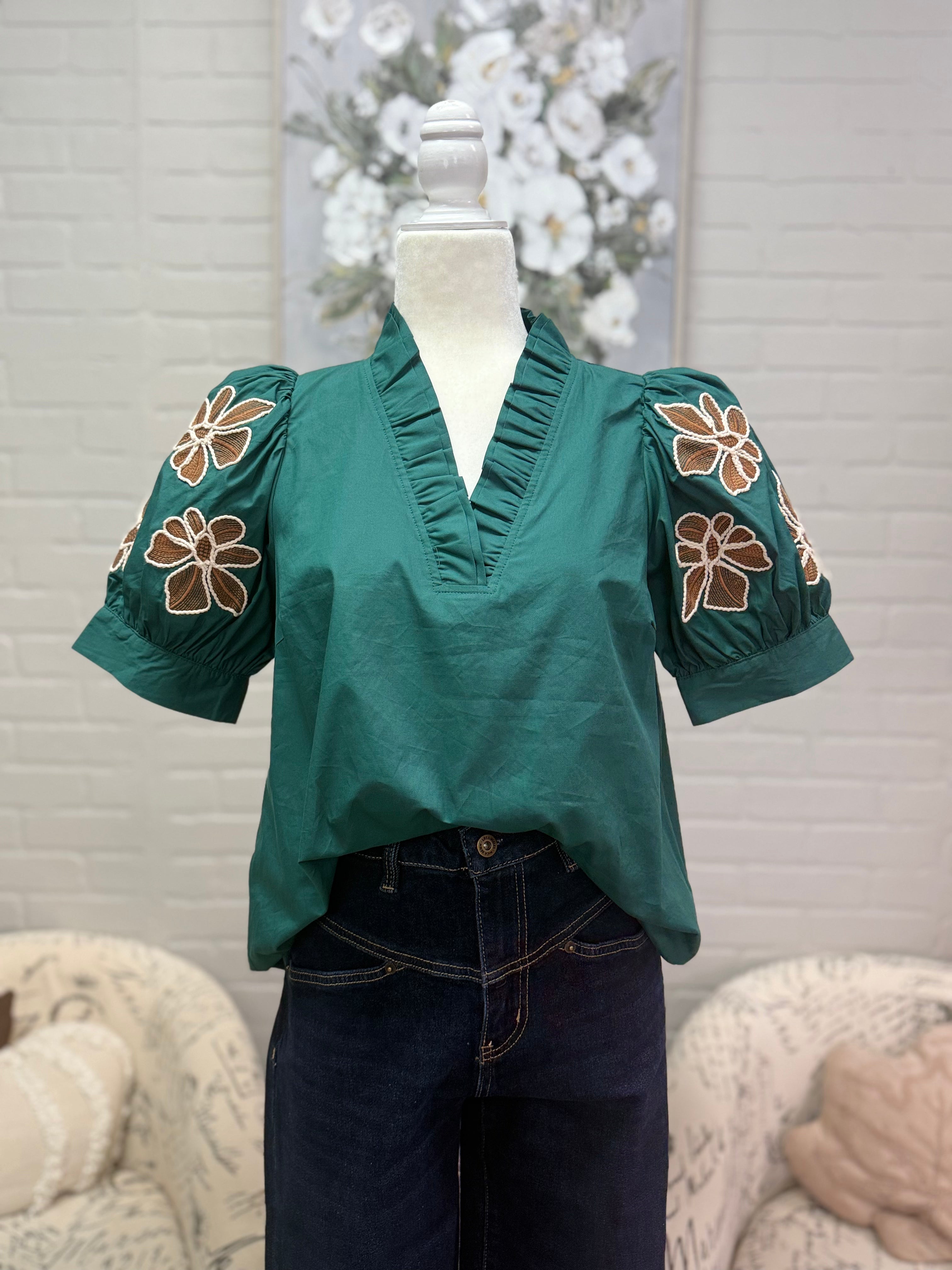 Hunter Green Floral Embroidered Top